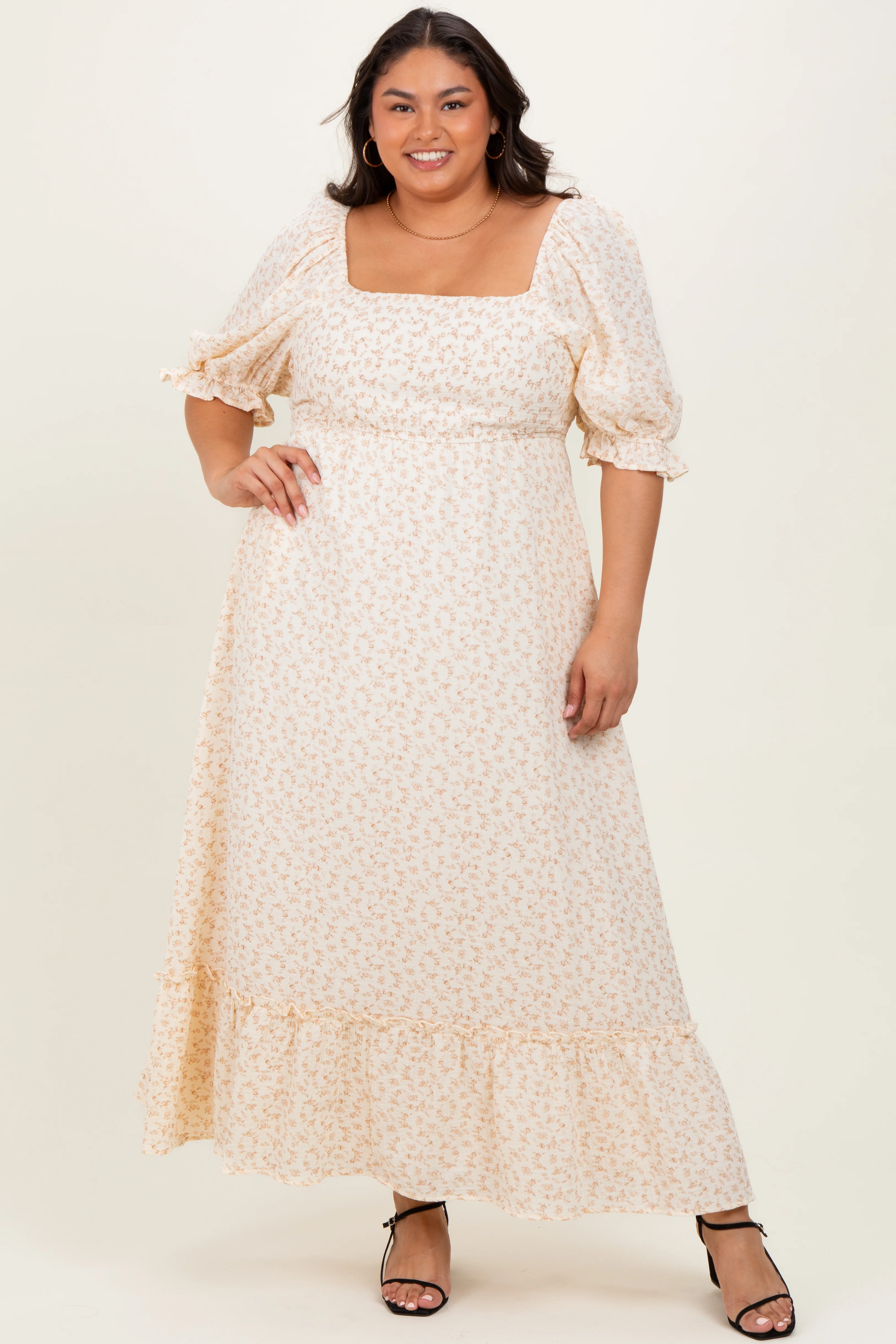 Beige Floral Print Square Neckline Plus Maternity Maxi Dress - Image 5