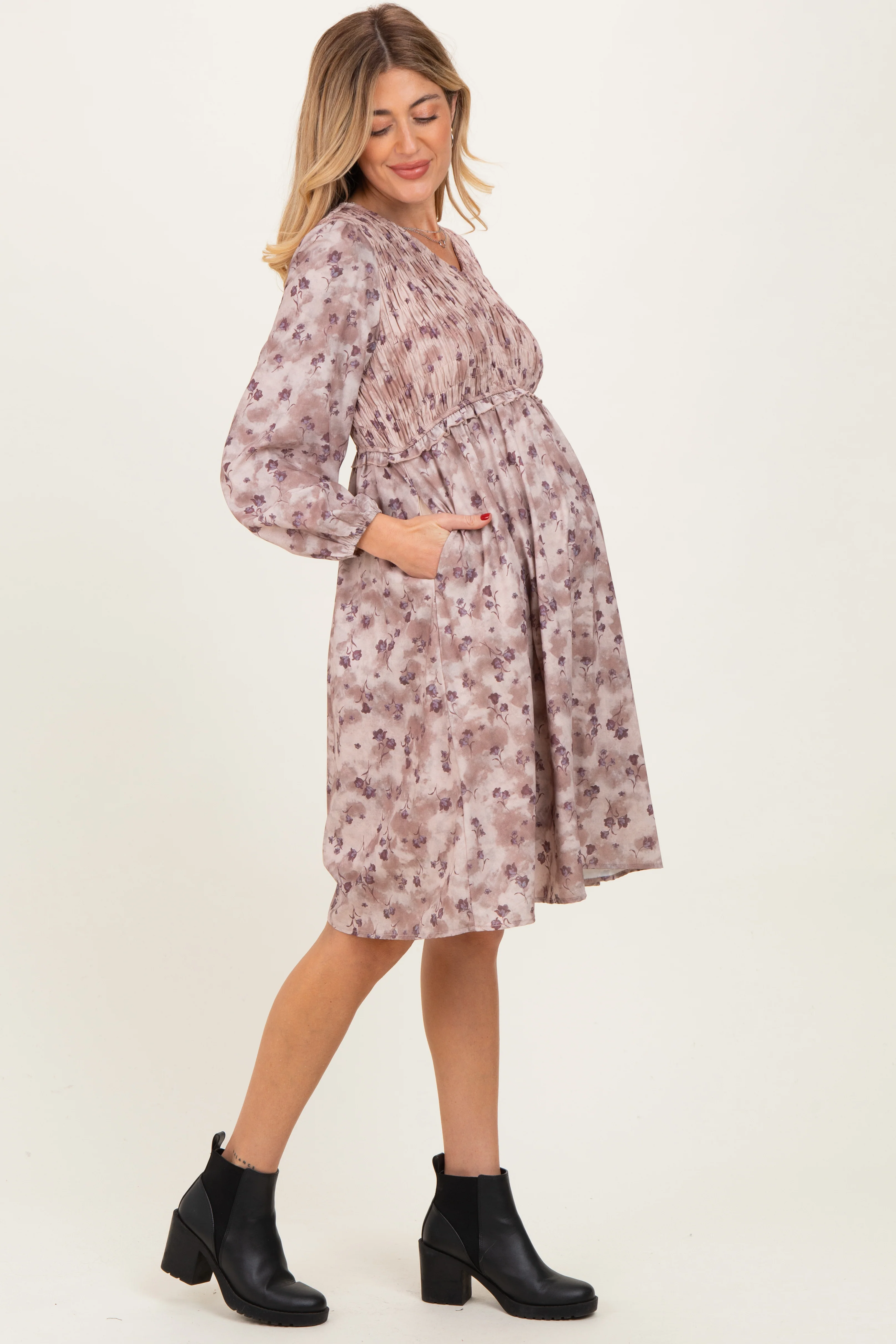 Beige Floral Smocked Long Sleeve Maternity Dress - Image 3