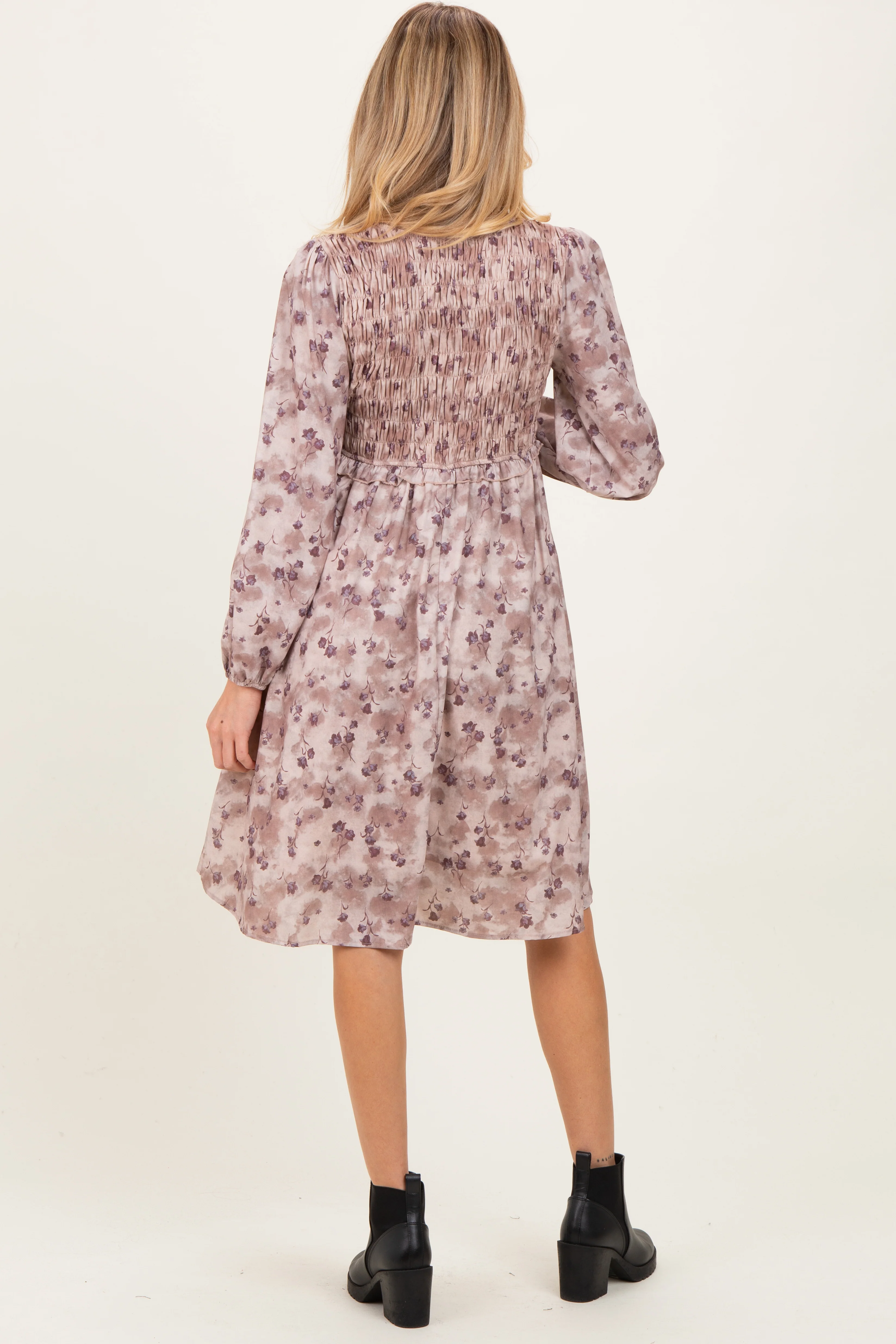 Beige Floral Smocked Long Sleeve Maternity Dress - Image 4