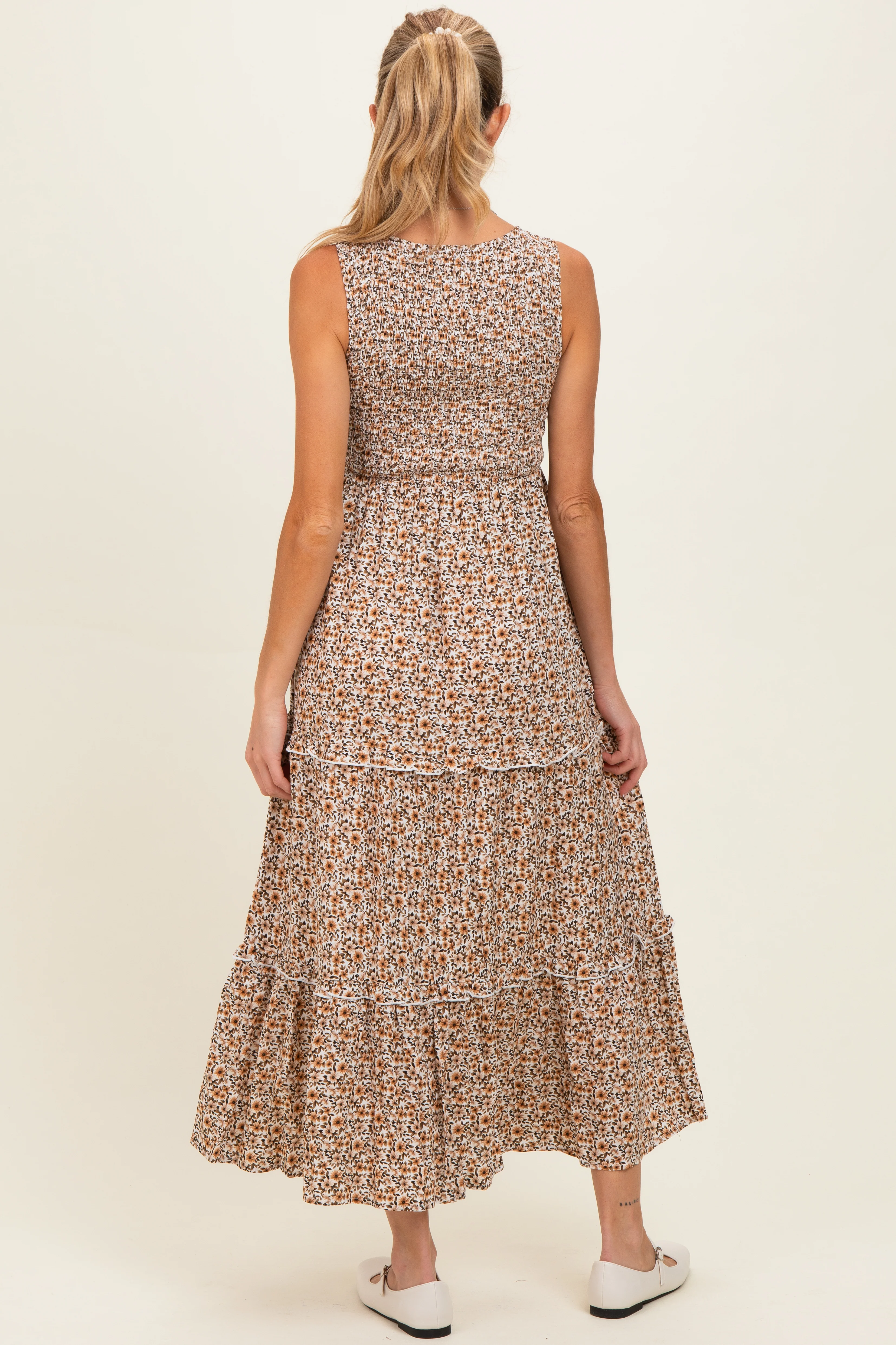 Beige Floral Smocked Sleeveless Tiered Maternity Maxi Dress - Image 3