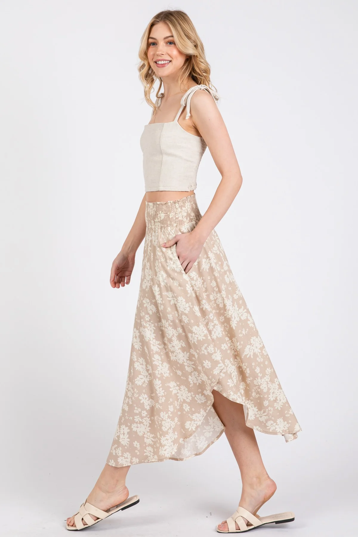 Beige Floral Smocked Waist Round Hem Maxi Skirt - Image 3