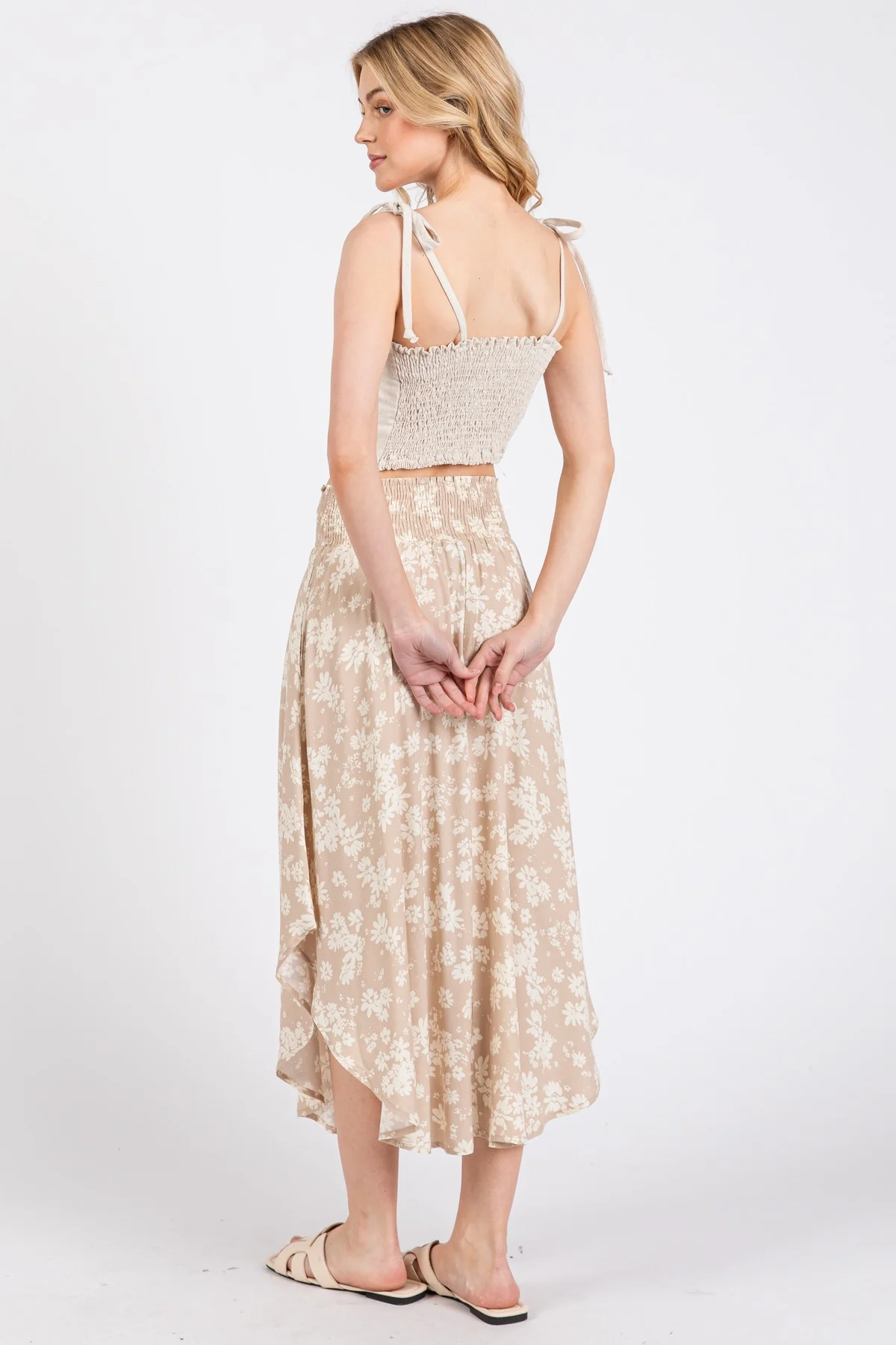 Beige Floral Smocked Waist Round Hem Maxi Skirt - Image 4