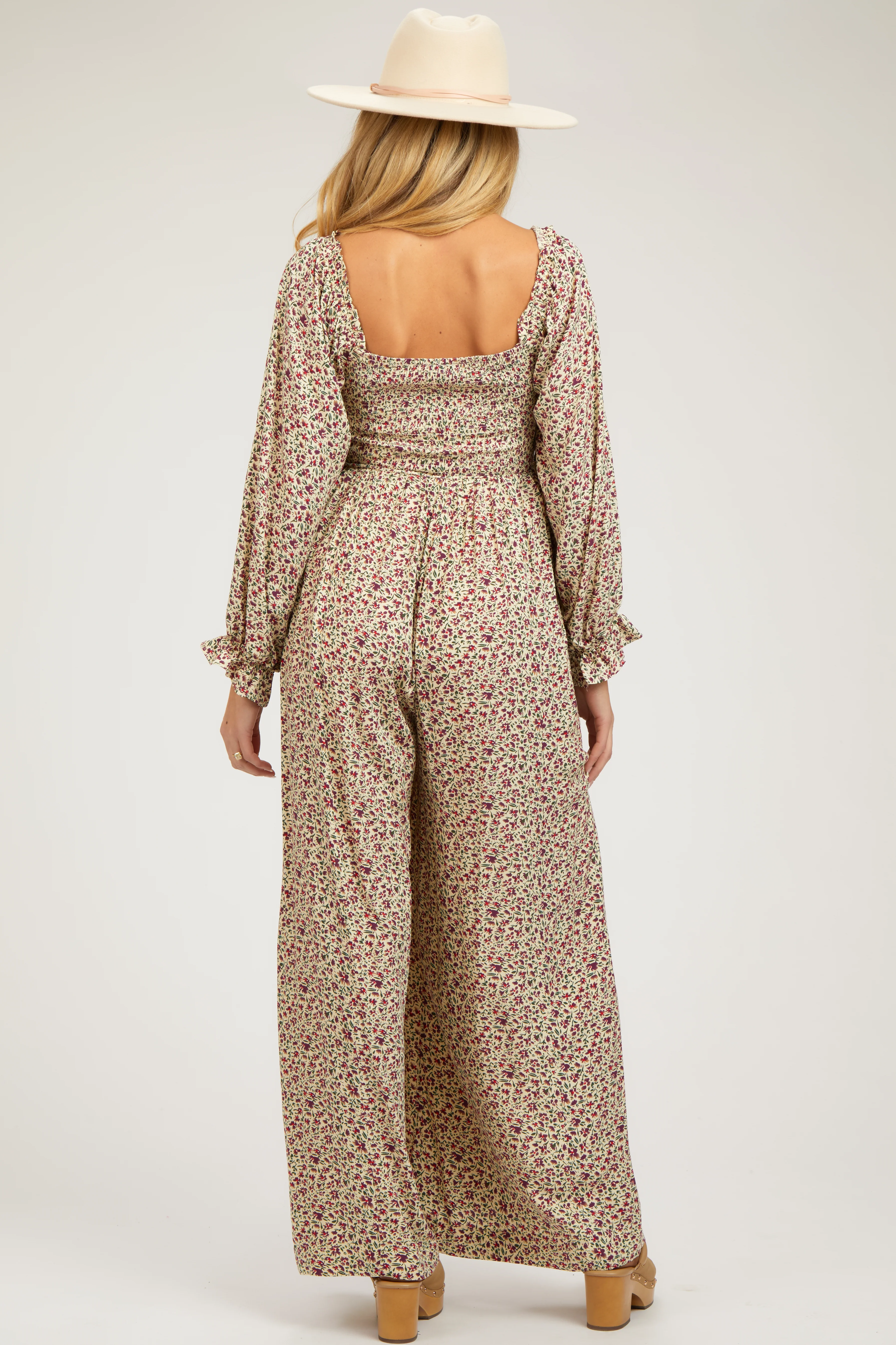 Beige Floral Smocked Wide Leg Maternity Jumpsuit - Image 3