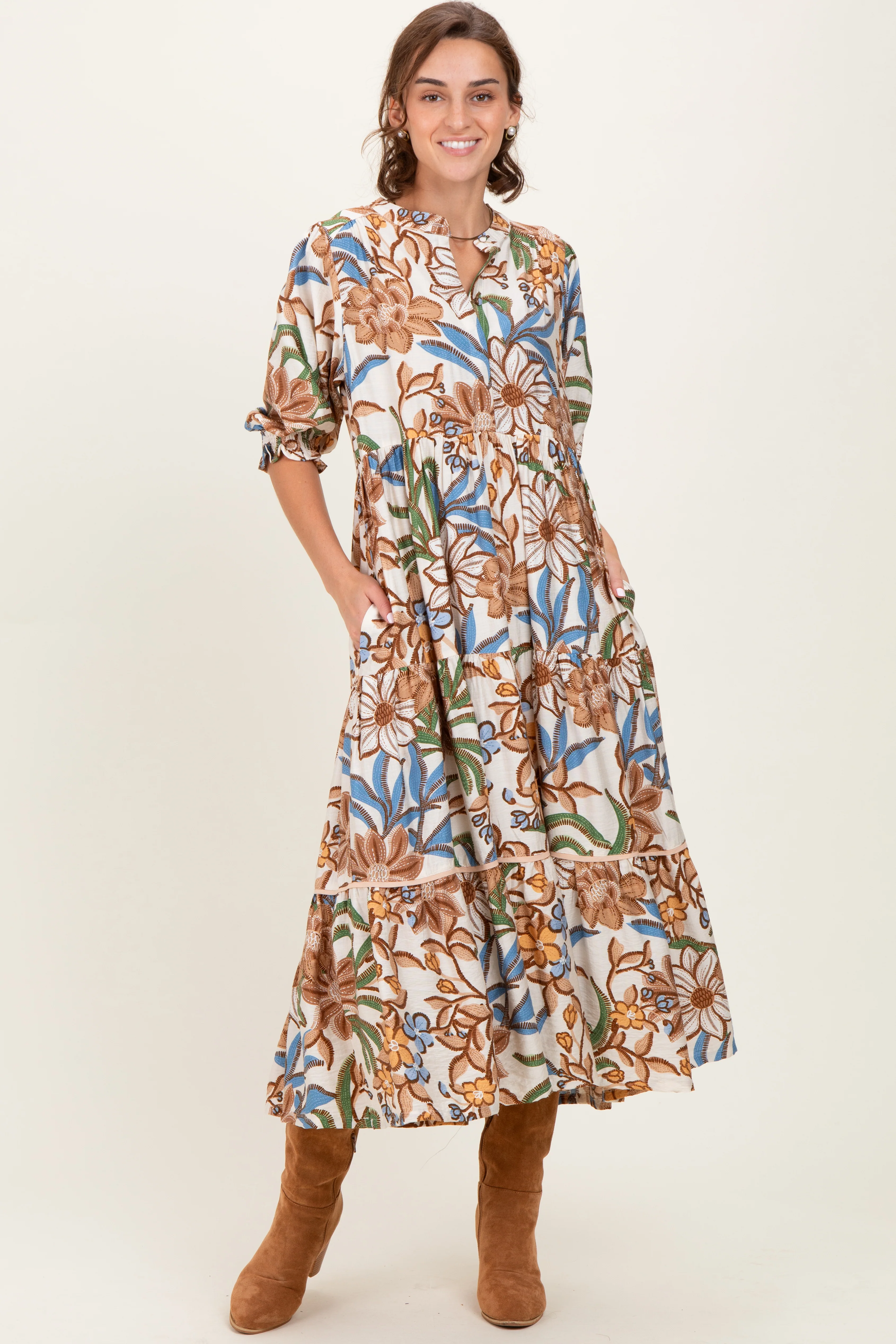 Beige Floral Tiered Short Sleeve Midi Dress