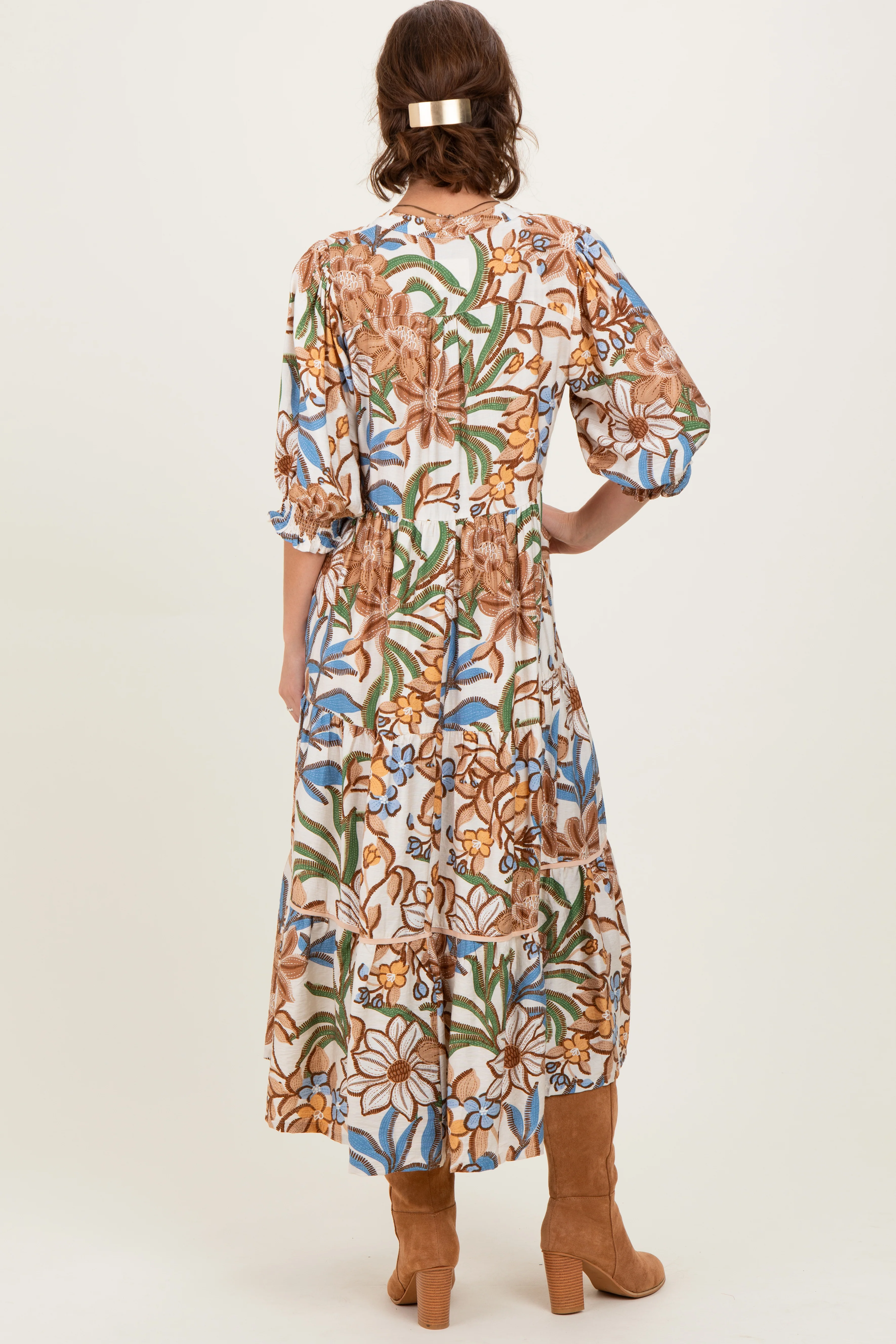Beige Floral Tiered Short Sleeve Midi Dress - Image 2