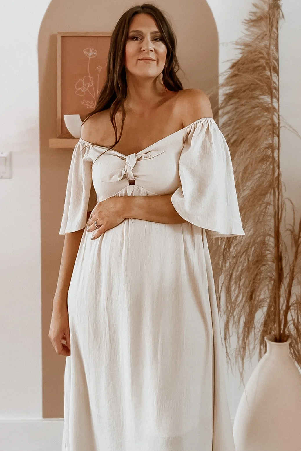 Beige Front Tie Ruffle Sleeve Maternity Midi Dress - Image 10