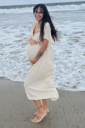 Beige Front Tie Ruffle Sleeve Maternity Midi Dress - Image 8