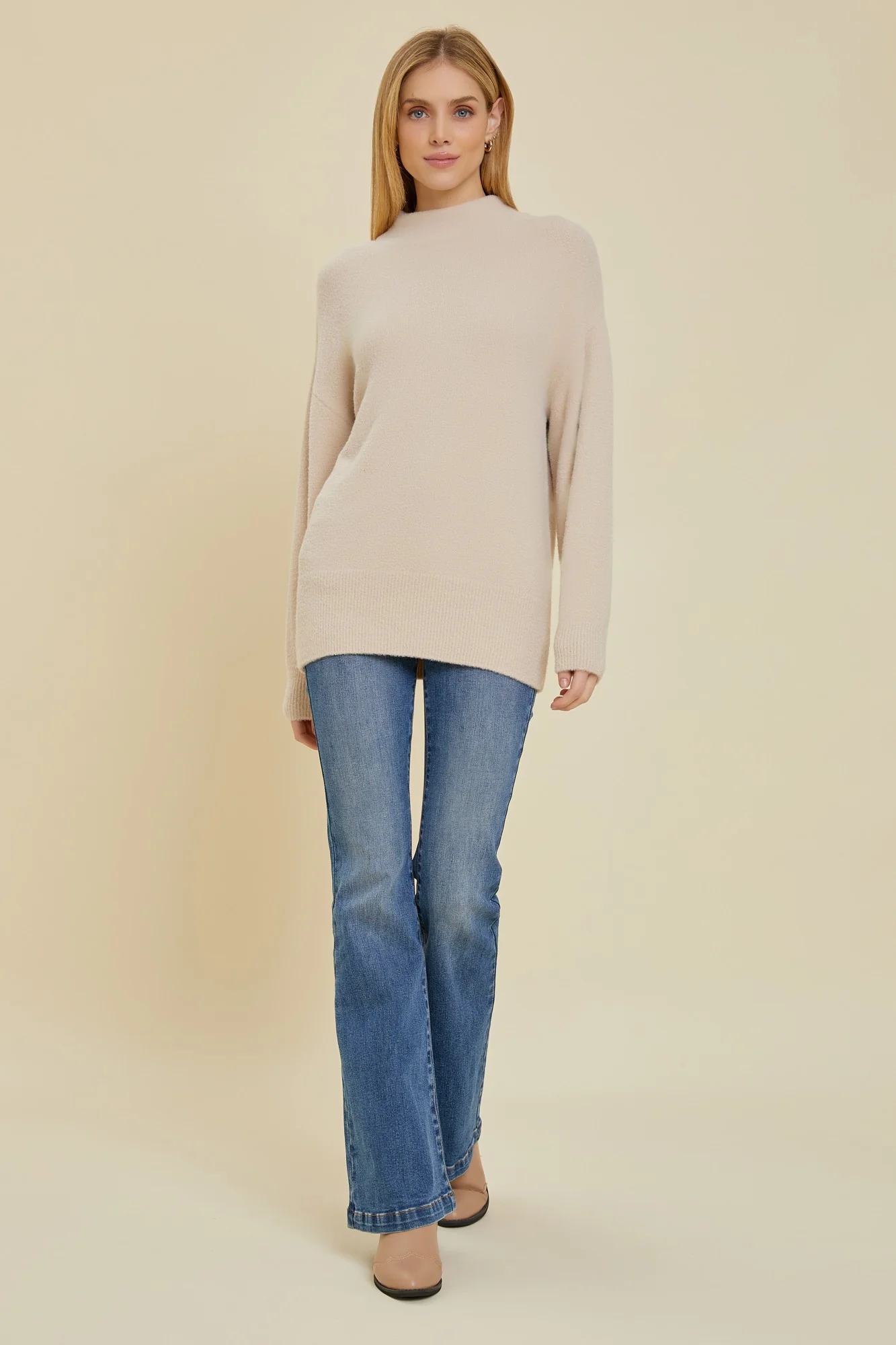 Beige Fuzzy Knit Mock Neck Sweater - Image 2
