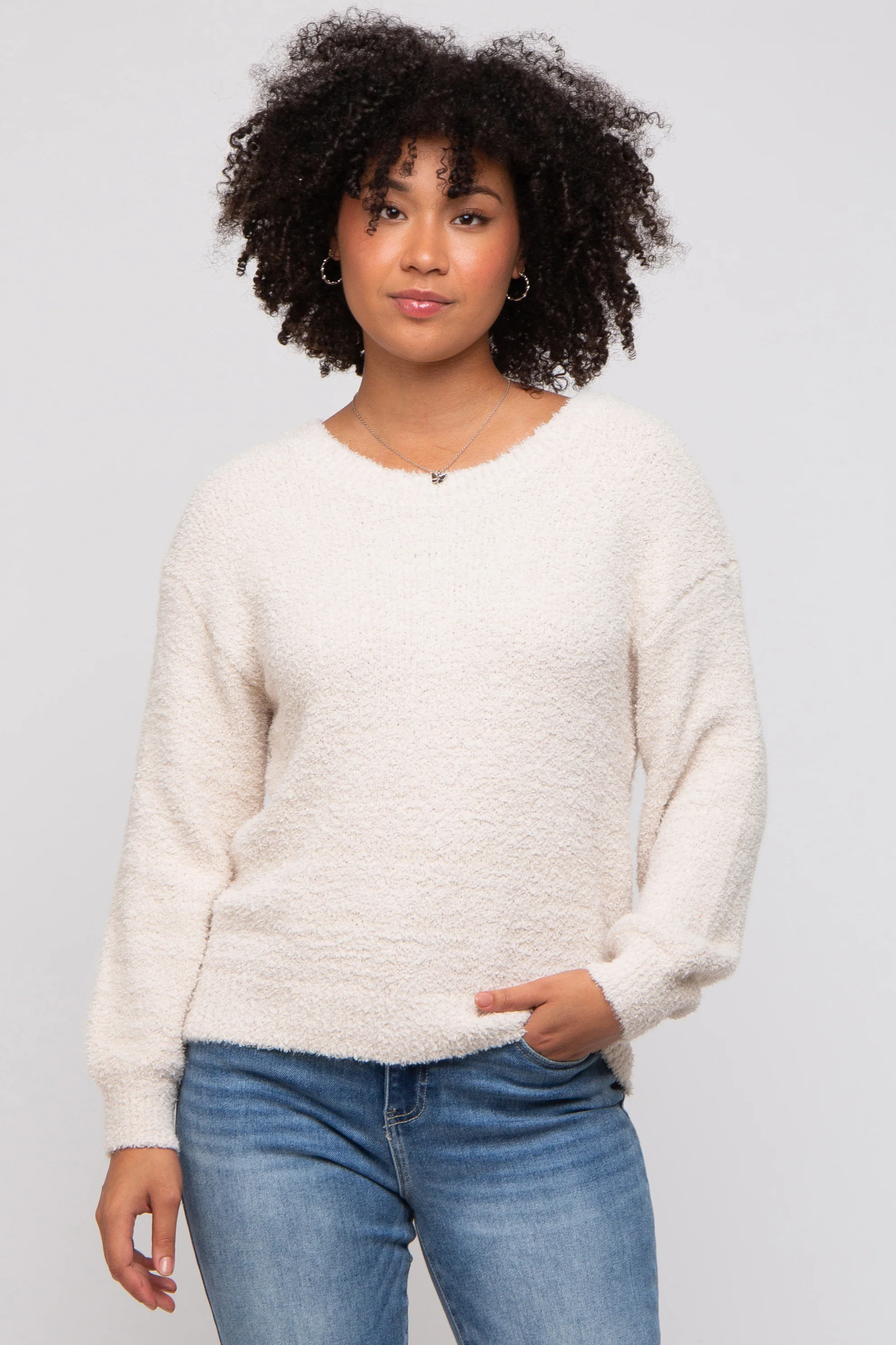 Beige Fuzzy Soft Knit Maternity Sweater - Image 6