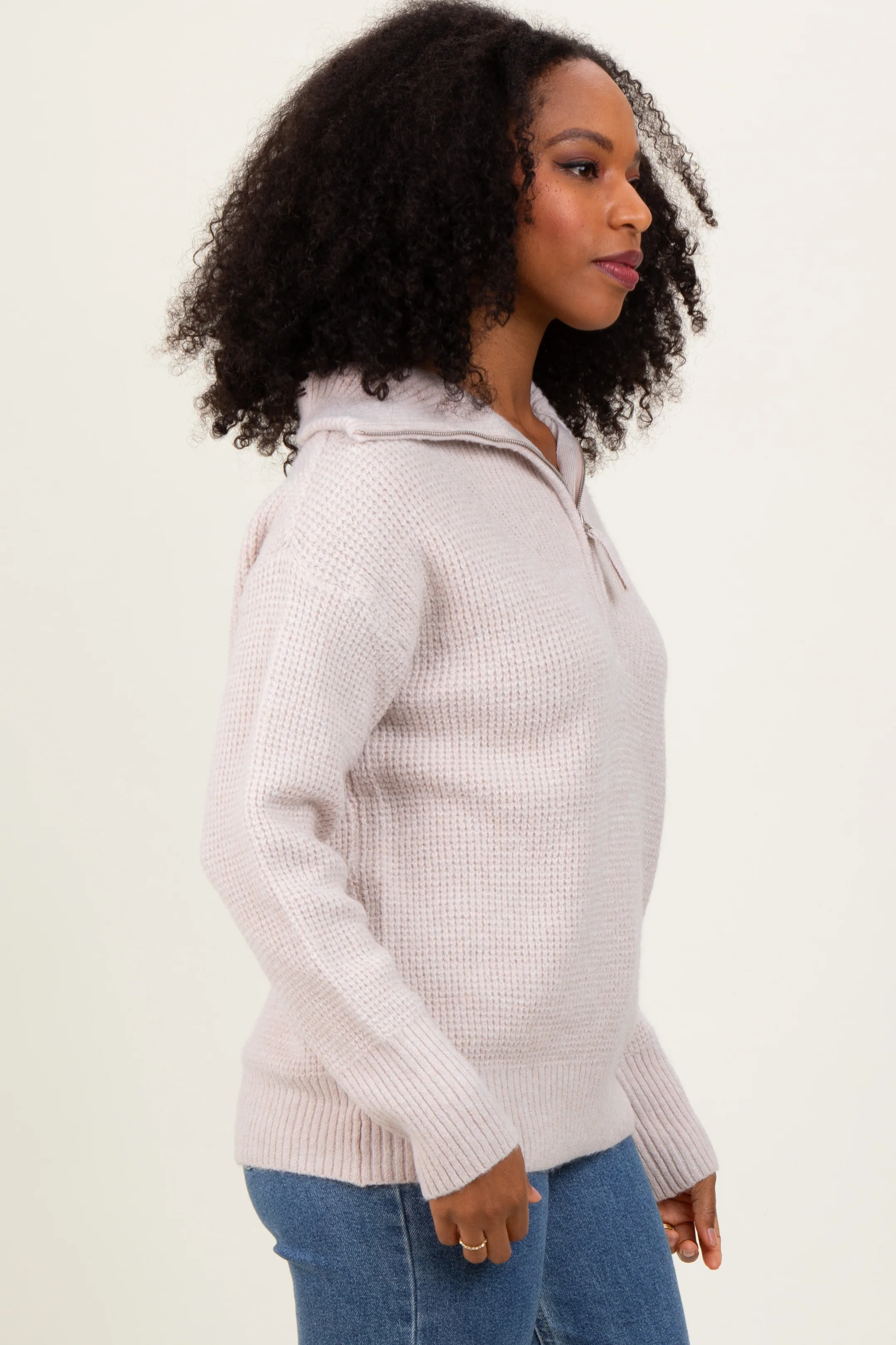 Beige Half Zip Pullover Sweater - Image 3