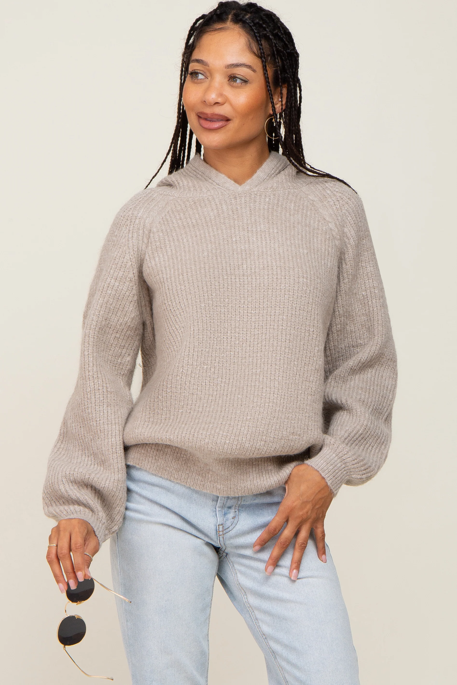 Beige Hooded Maternity Sweater - Image 5