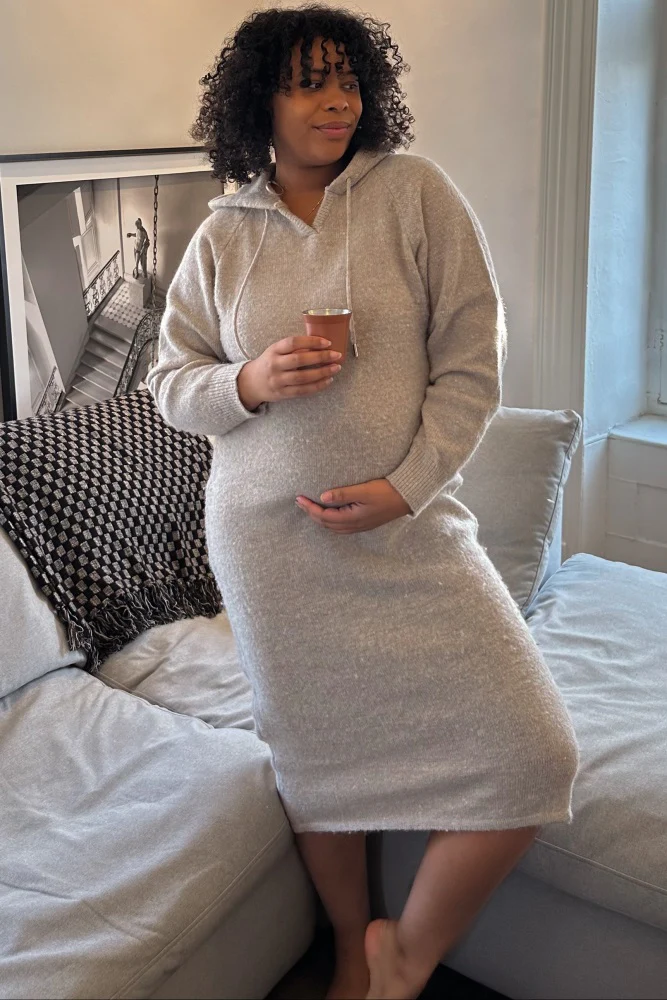 Beige Hooded Maternity Sweater Midi Dress - Image 6