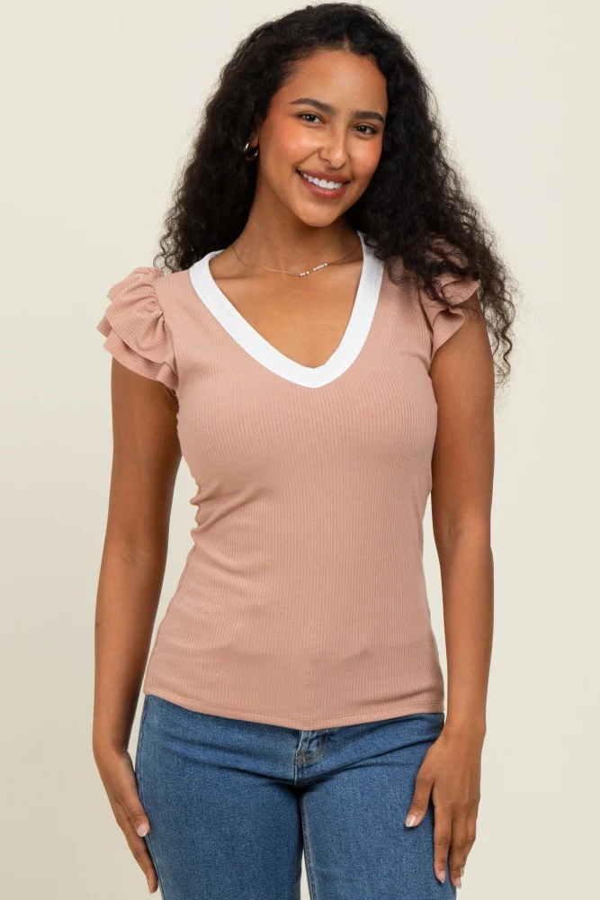 Beige/ Ivory Solid Ribbed Ruffle Sleeve Fitted Maternity Top - Image 5