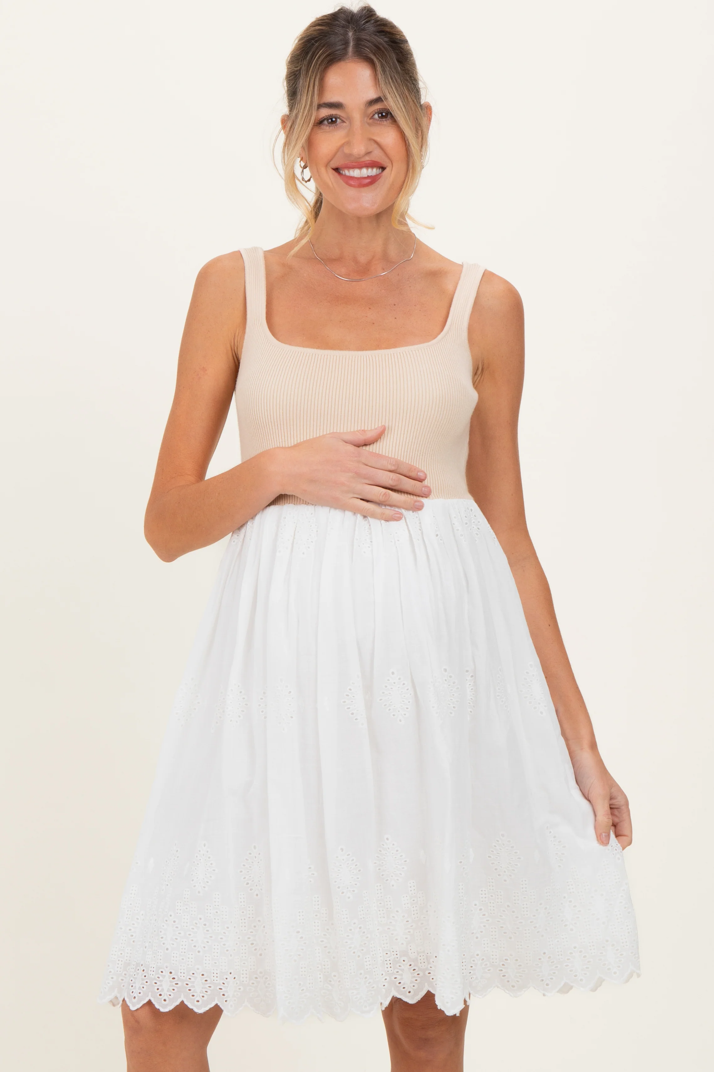 Beige Knit Contrast Eyelet Lace Skirt Maternity Mini Dress - Image 2