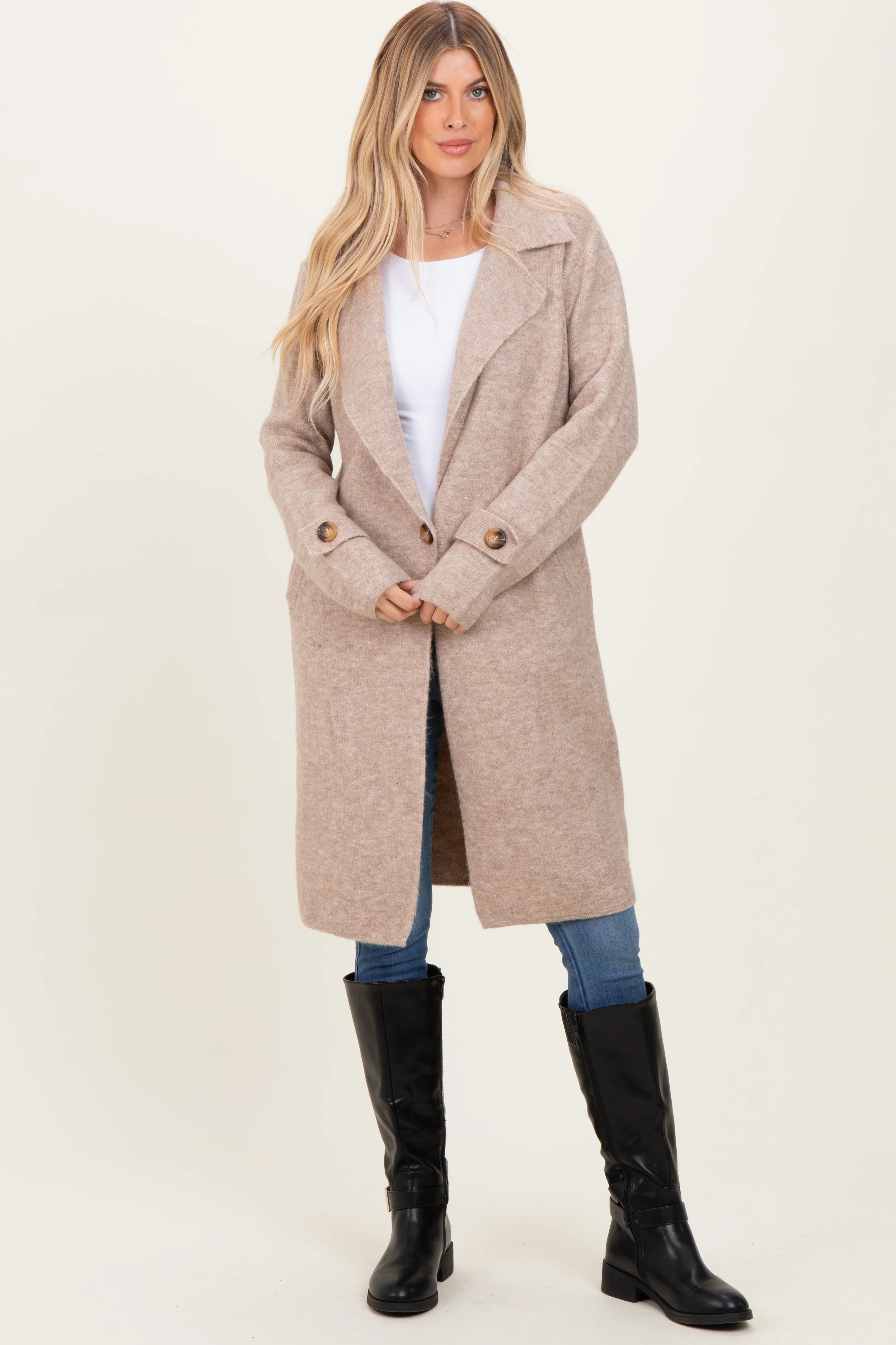Beige Knit Long Maternity Sweater Coat - Image 5