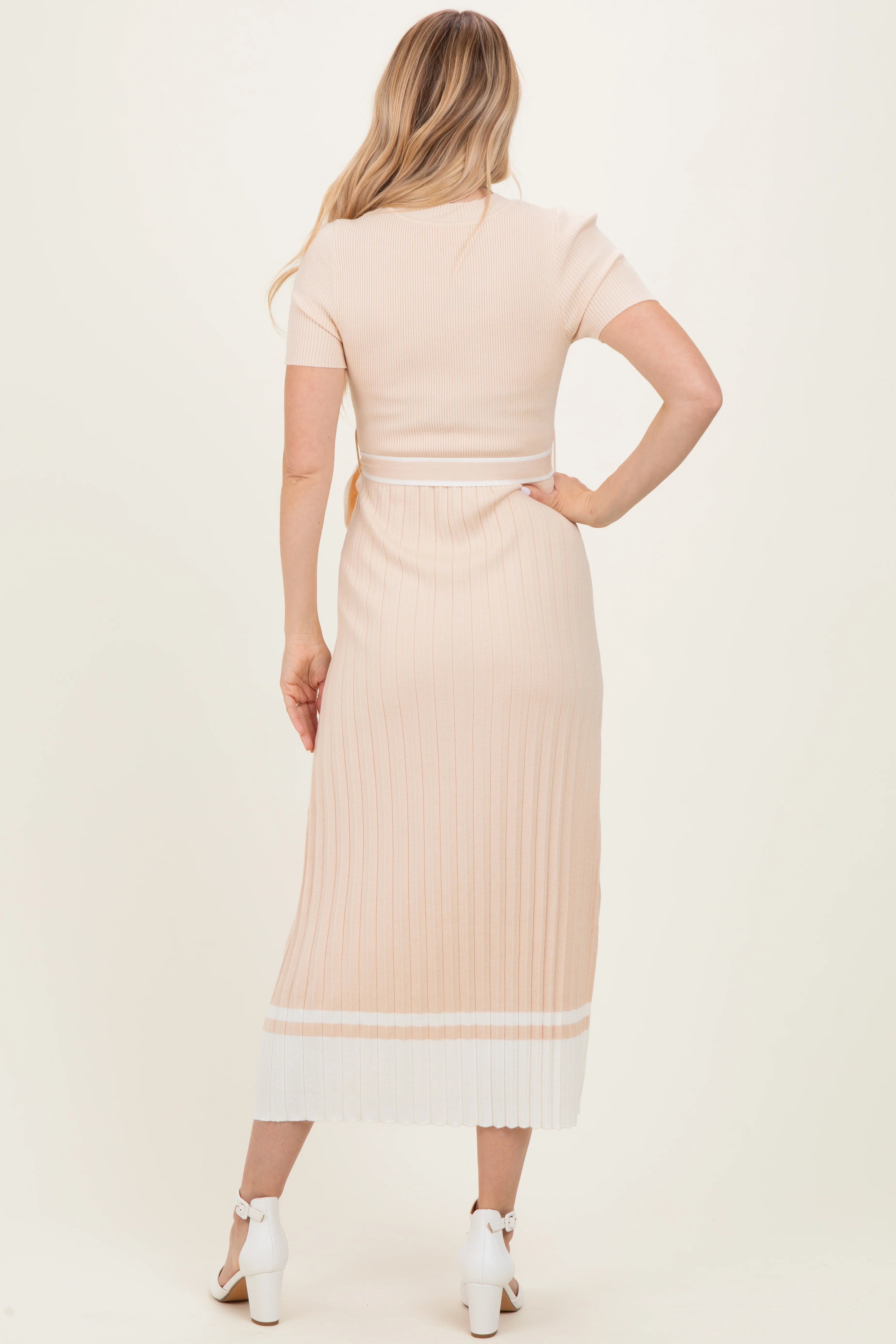 Beige Knit Pleated Sash Tie Midi Dress - Image 4