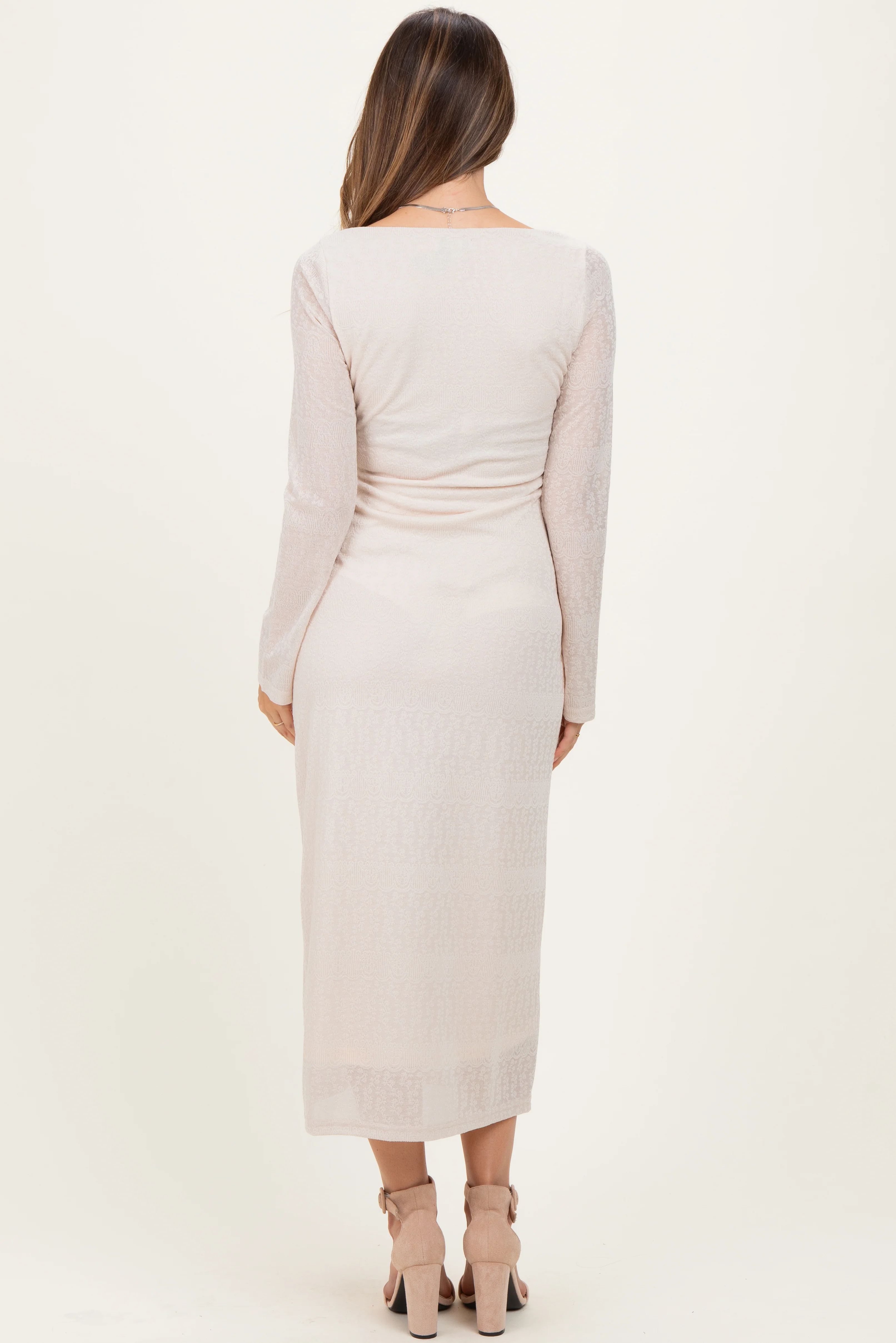 Beige Lace Jacquard Long Sleeve Maternity Midi Dress - Image 4