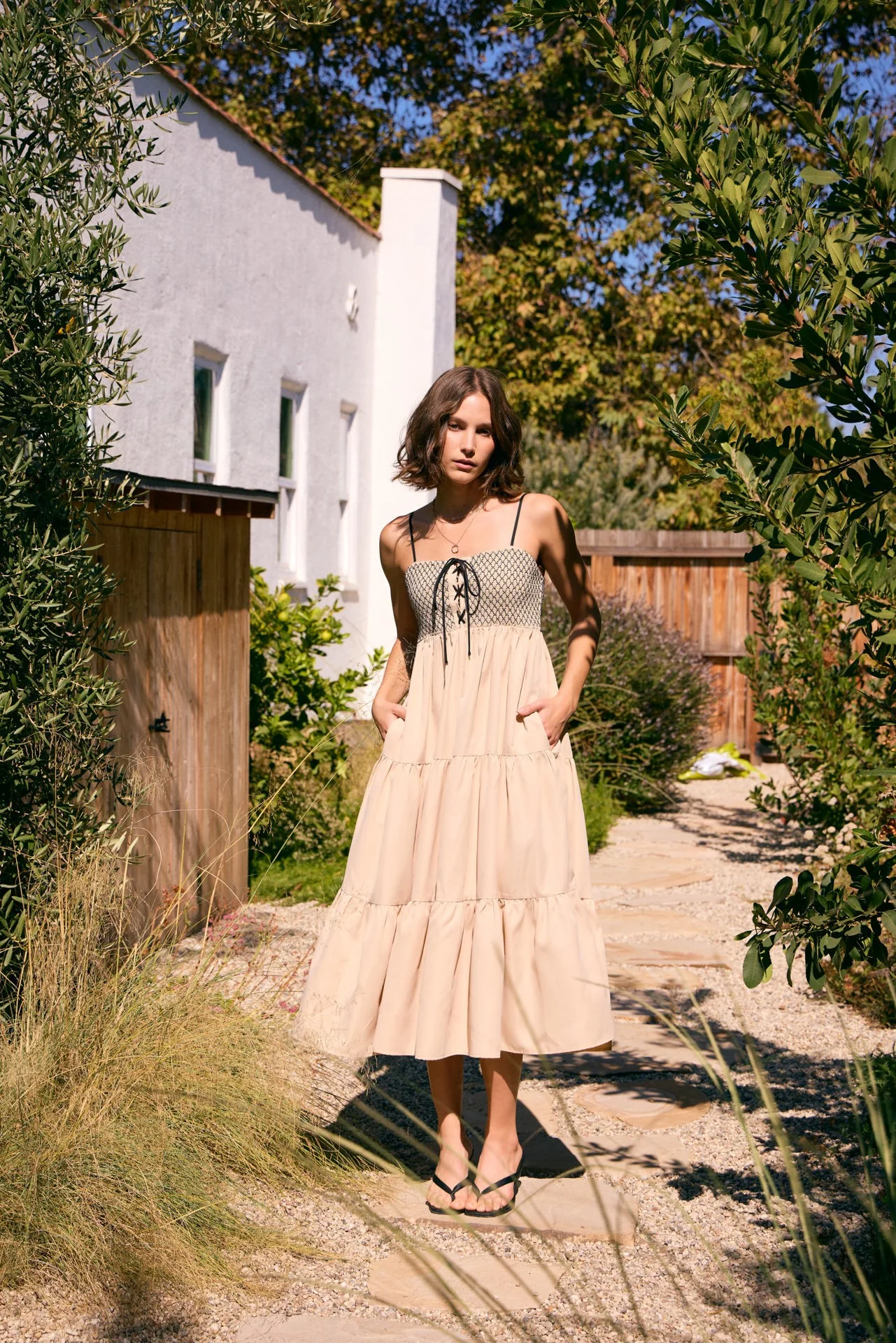 Beige Lace Up Smocked Bodice Tiered Midi Dress - Image 3