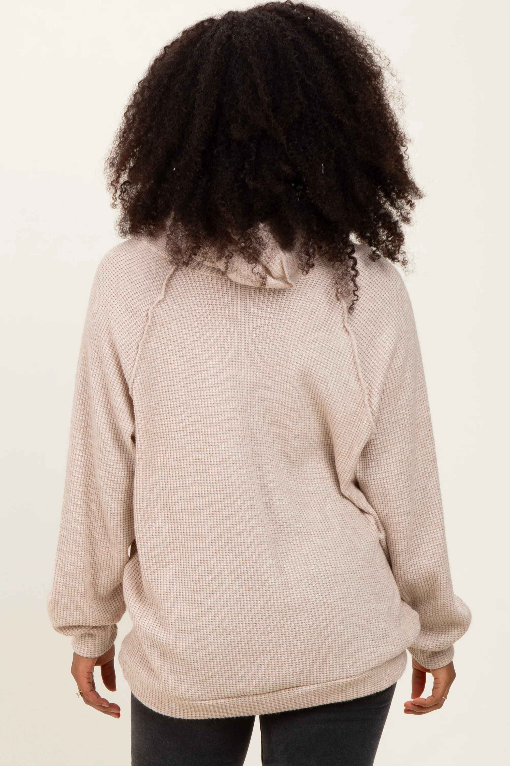Beige Long Sleeve Solid Hoodie Top - Image 4