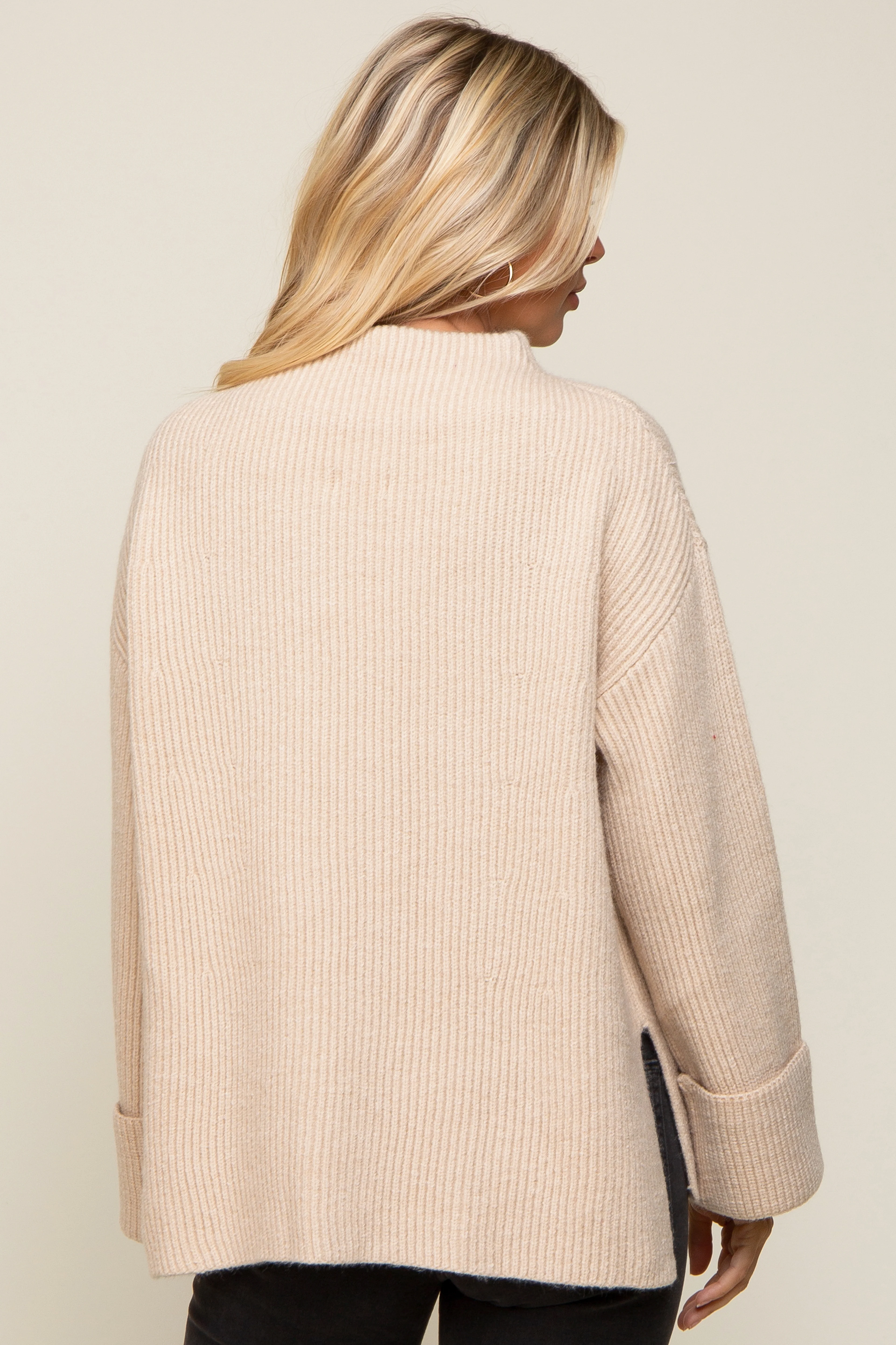 Beige Mock Neck Chunky Knit Sweater - Image 3