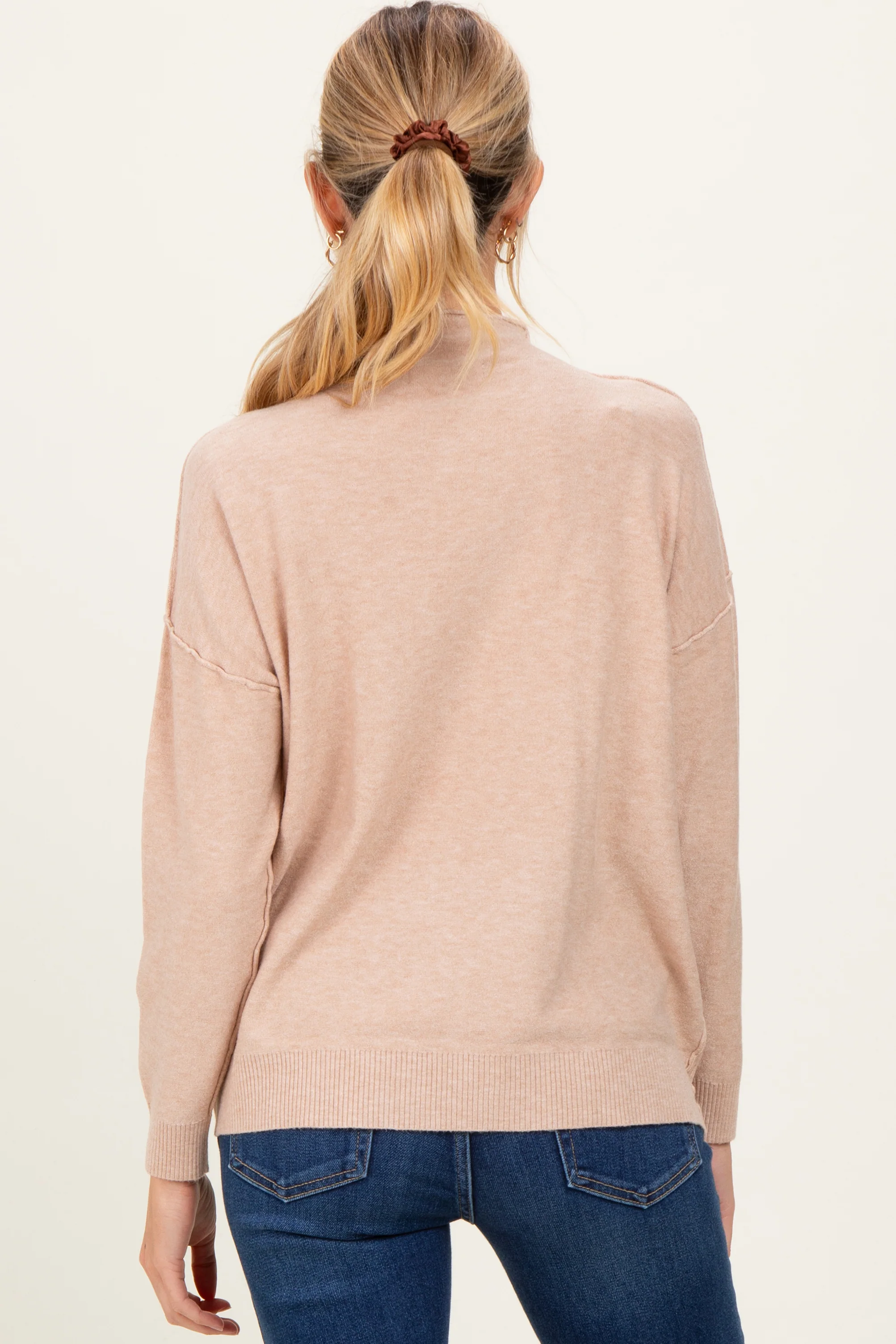 Beige Mock Neck Exposed Seam Maternity Sweater - Image 3
