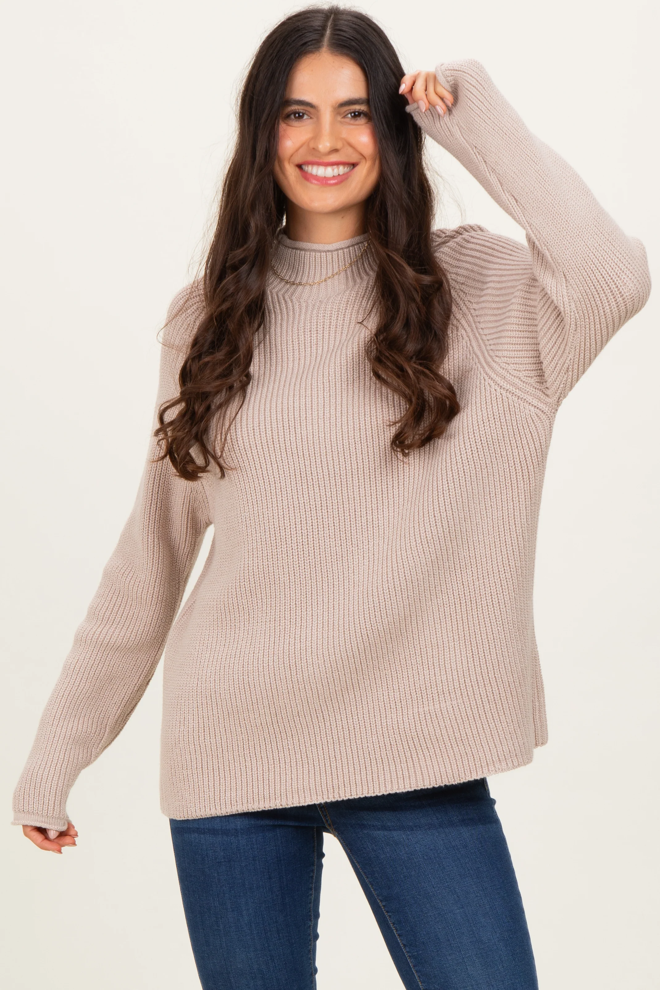 Beige Mock Neck Ribbed Knit Basic Maternity Sweater Top - Image 5