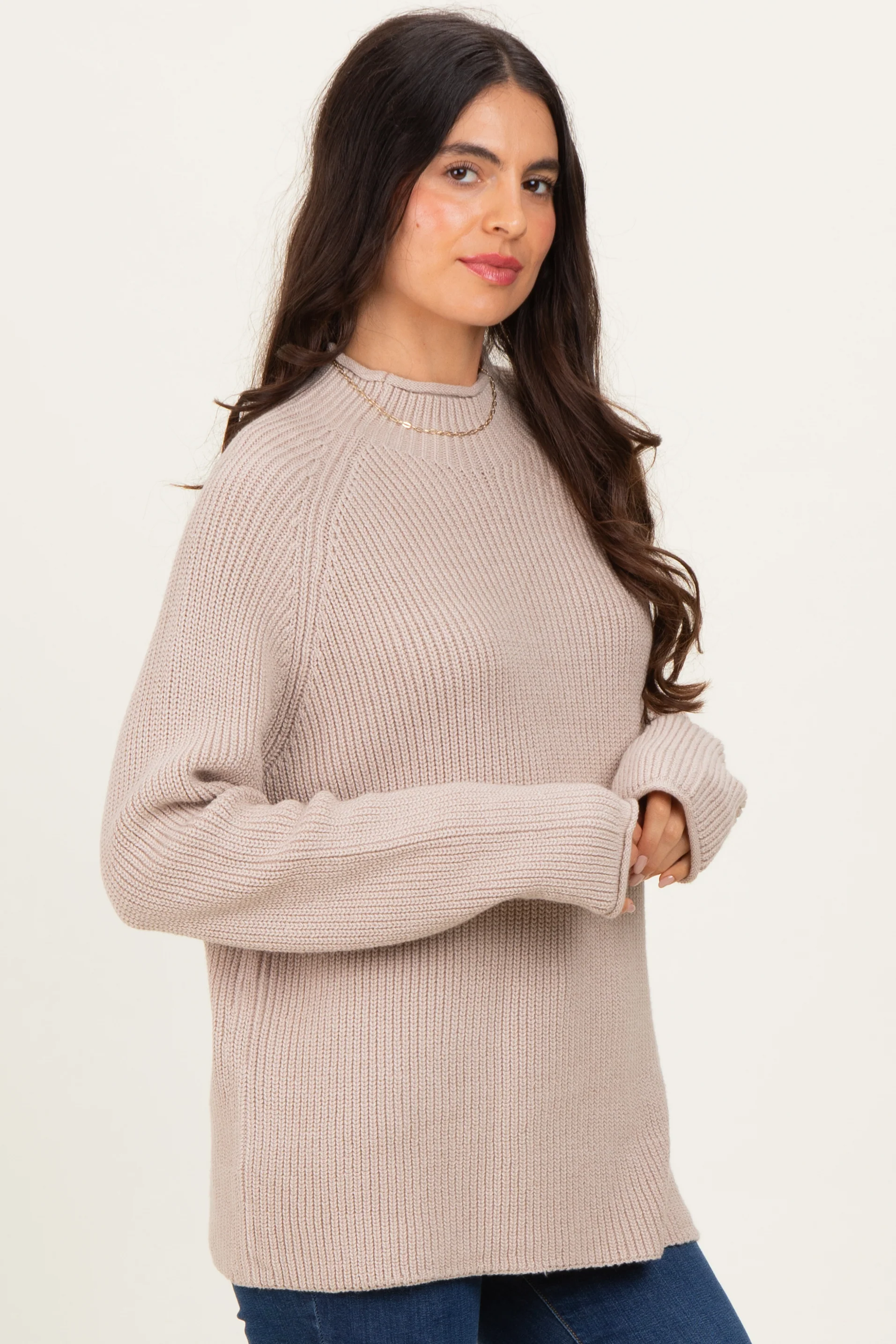 Beige Mock Neck Ribbed Knit Basic Sweater Top - Image 3