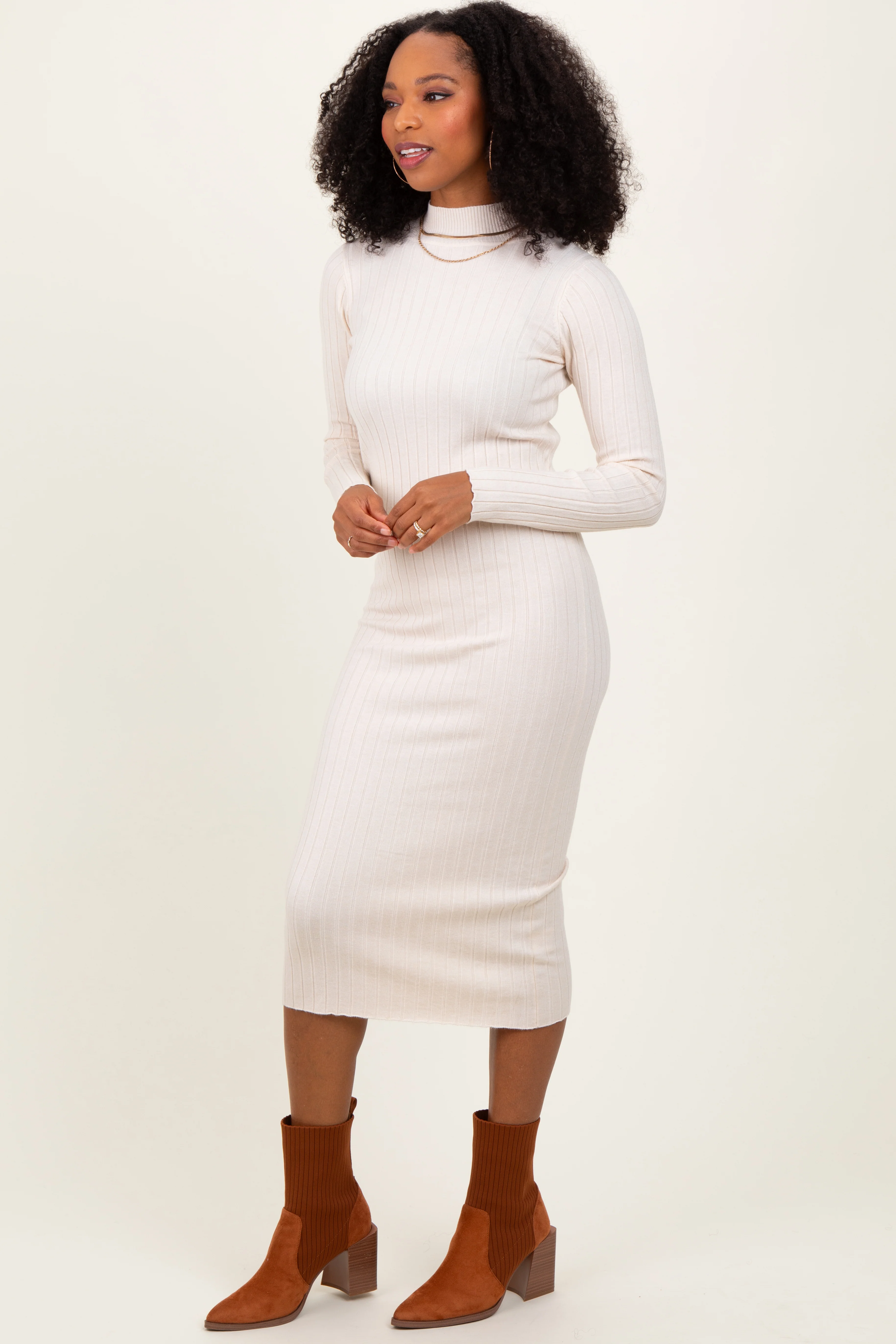 Beige Mock Neck Ribbed Sweater Dress - Image 3