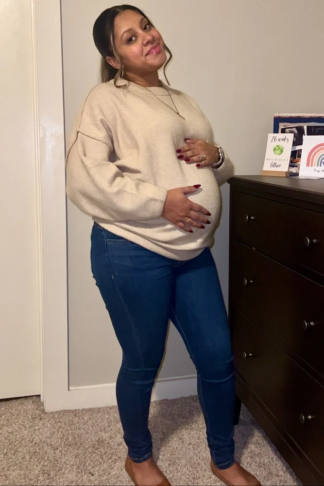 Beige Oversized Crewneck Melange Knit Maternity Sweater - Image 4