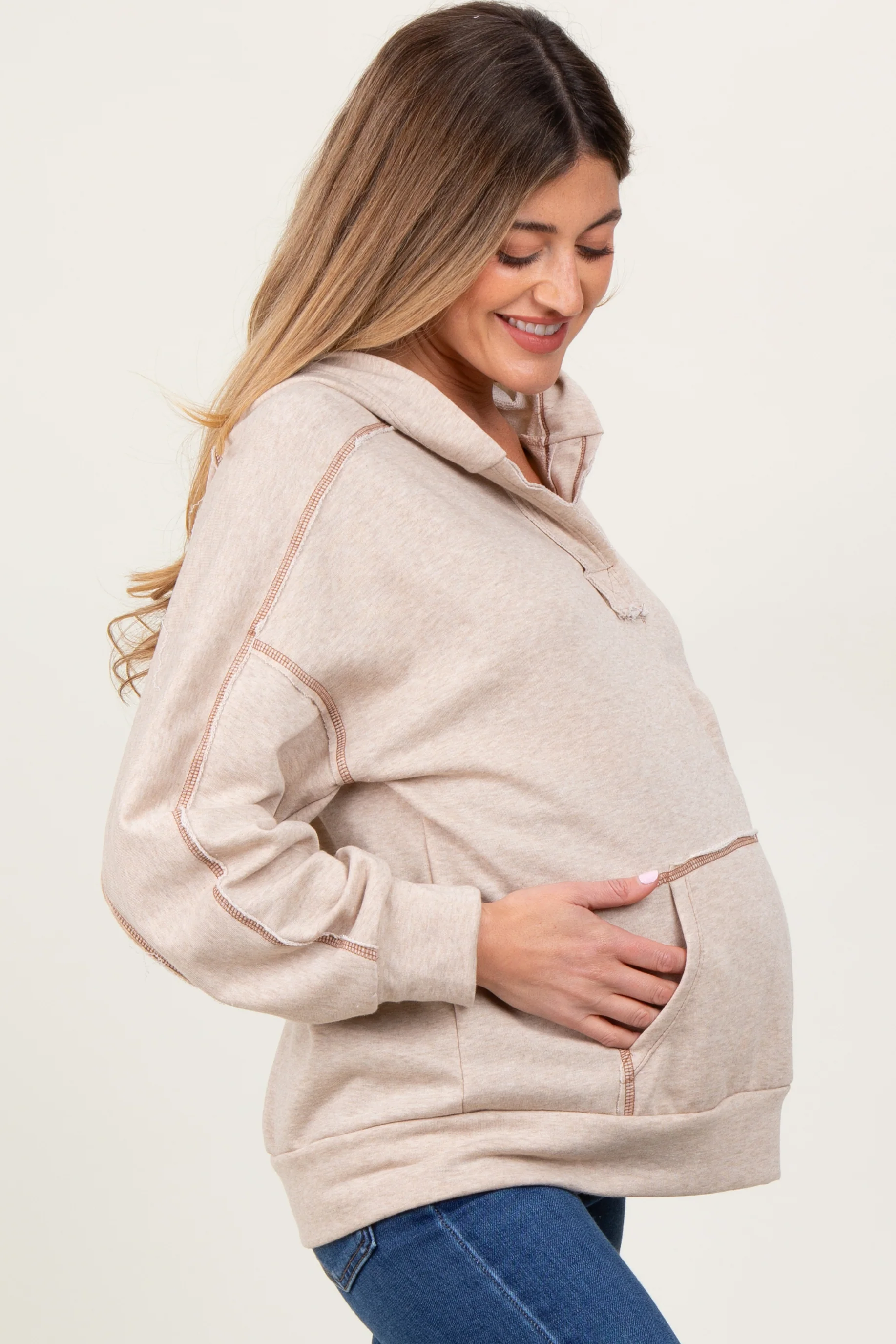 Beige Oversized Raw Hem Maternity Hoodie - Image 3