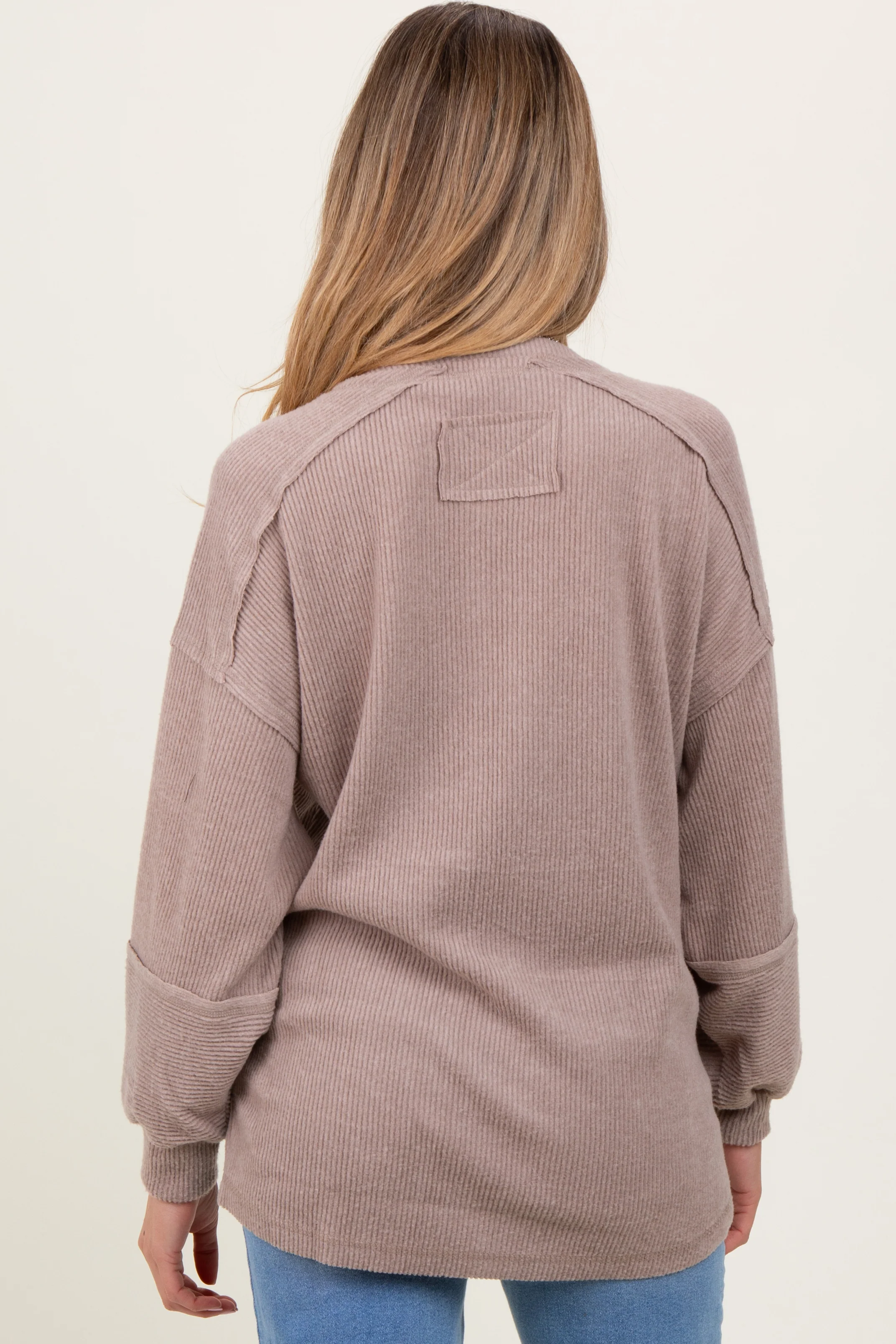 Beige Oversized Ribbed Knit Henley Maternity Sweater - Image 3