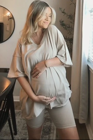 Beige Oversized V-Neck Biker Short Maternity Set - Image 5