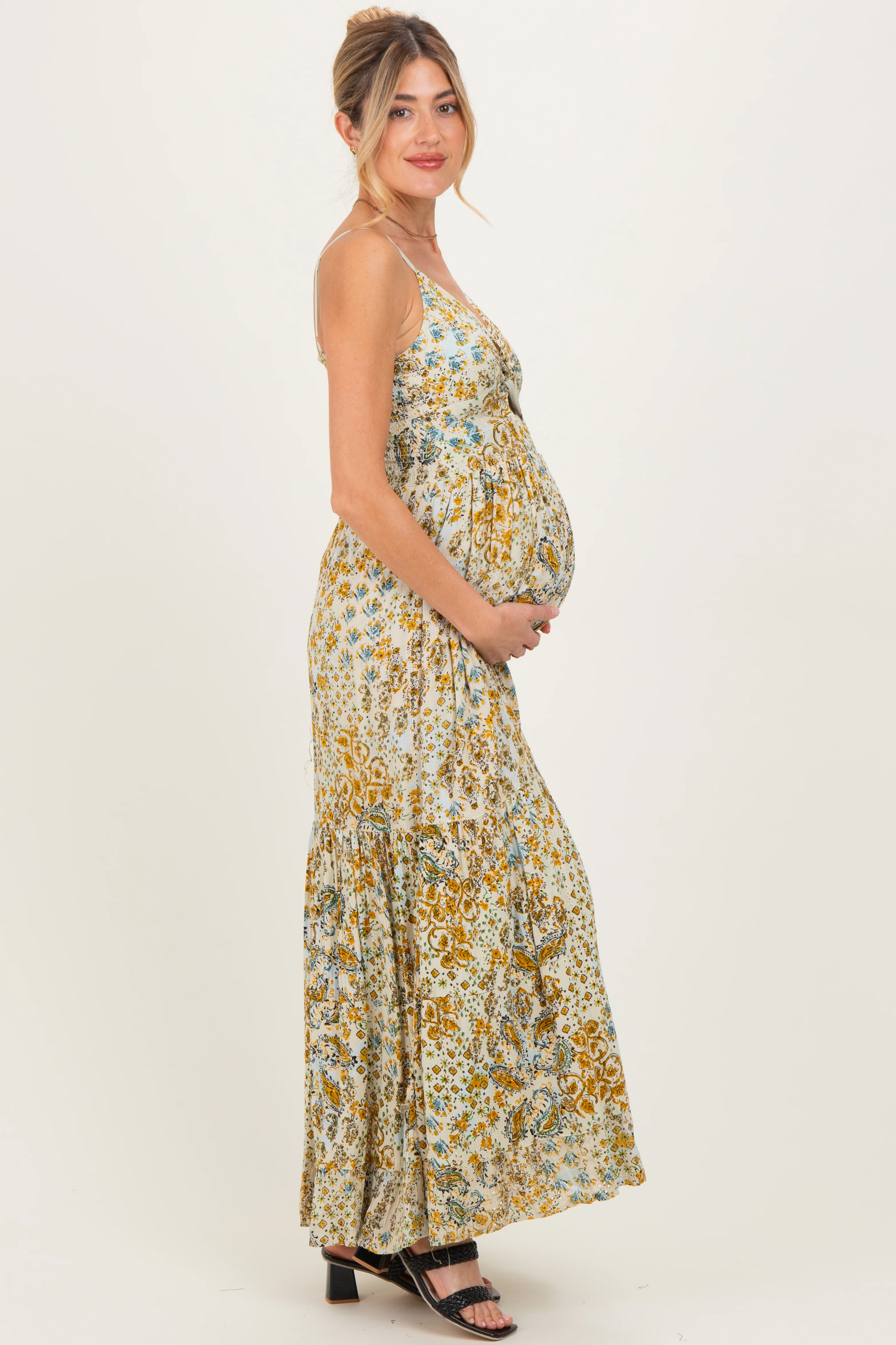 Beige Paisley Floral Twisted Front Maternity Maxi Dress - Image 3