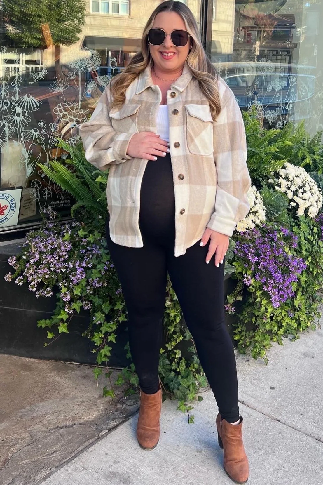 Beige Plaid Knit Maternity Shirt Jacket - Image 11