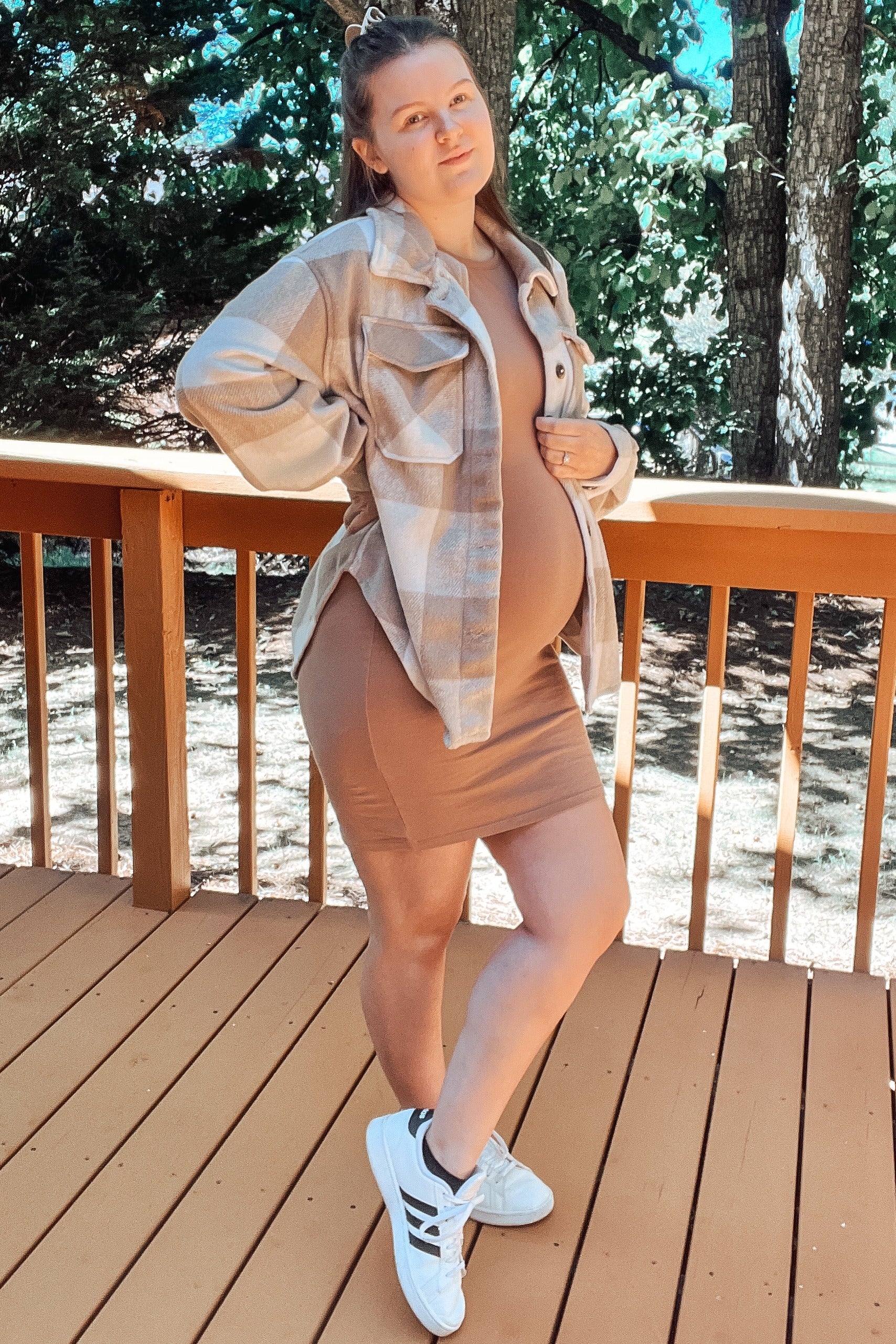 Beige Plaid Knit Maternity Shirt Jacket - Image 13