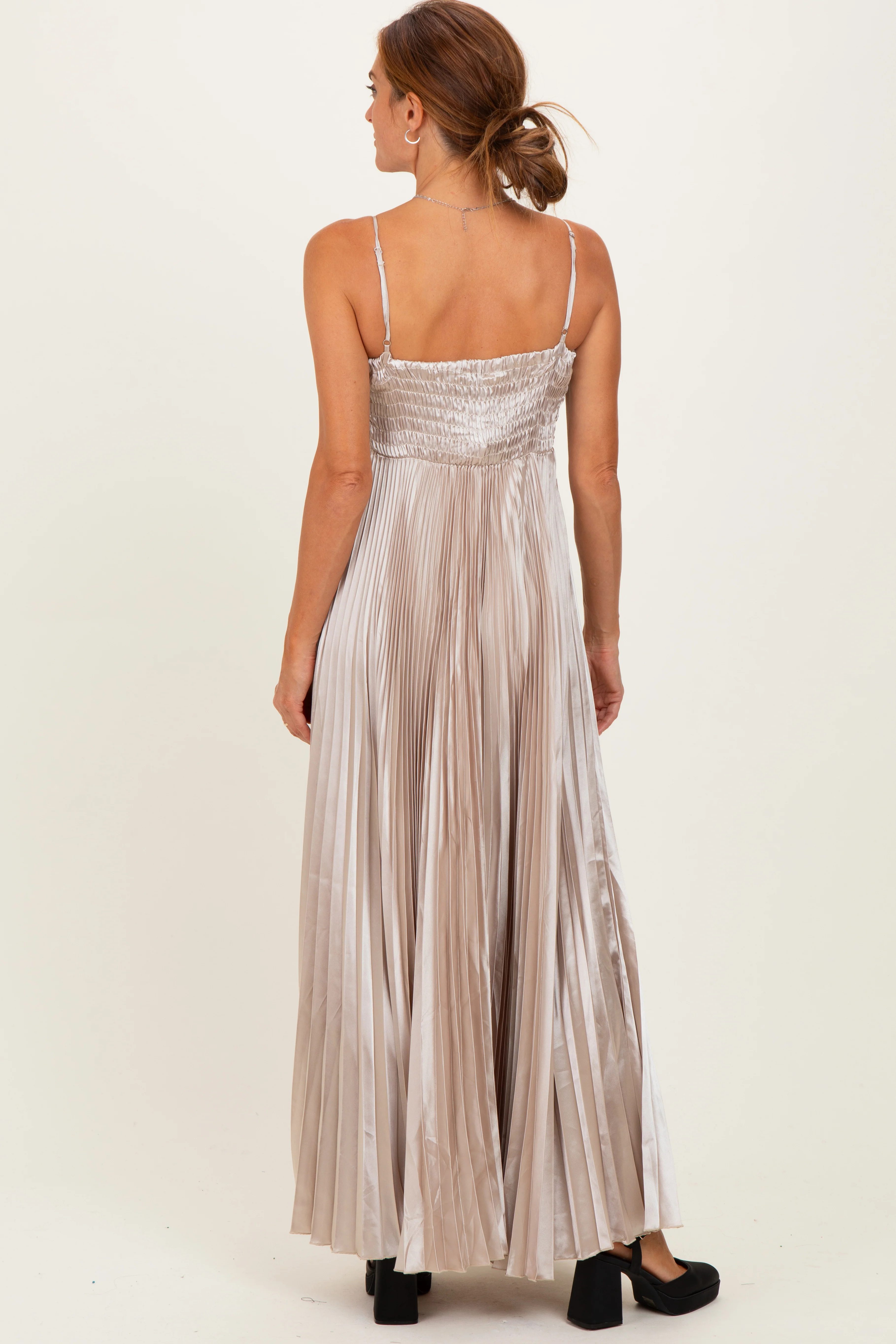Beige Pleated Satin Sleeveless Maxi Dress - Image 4