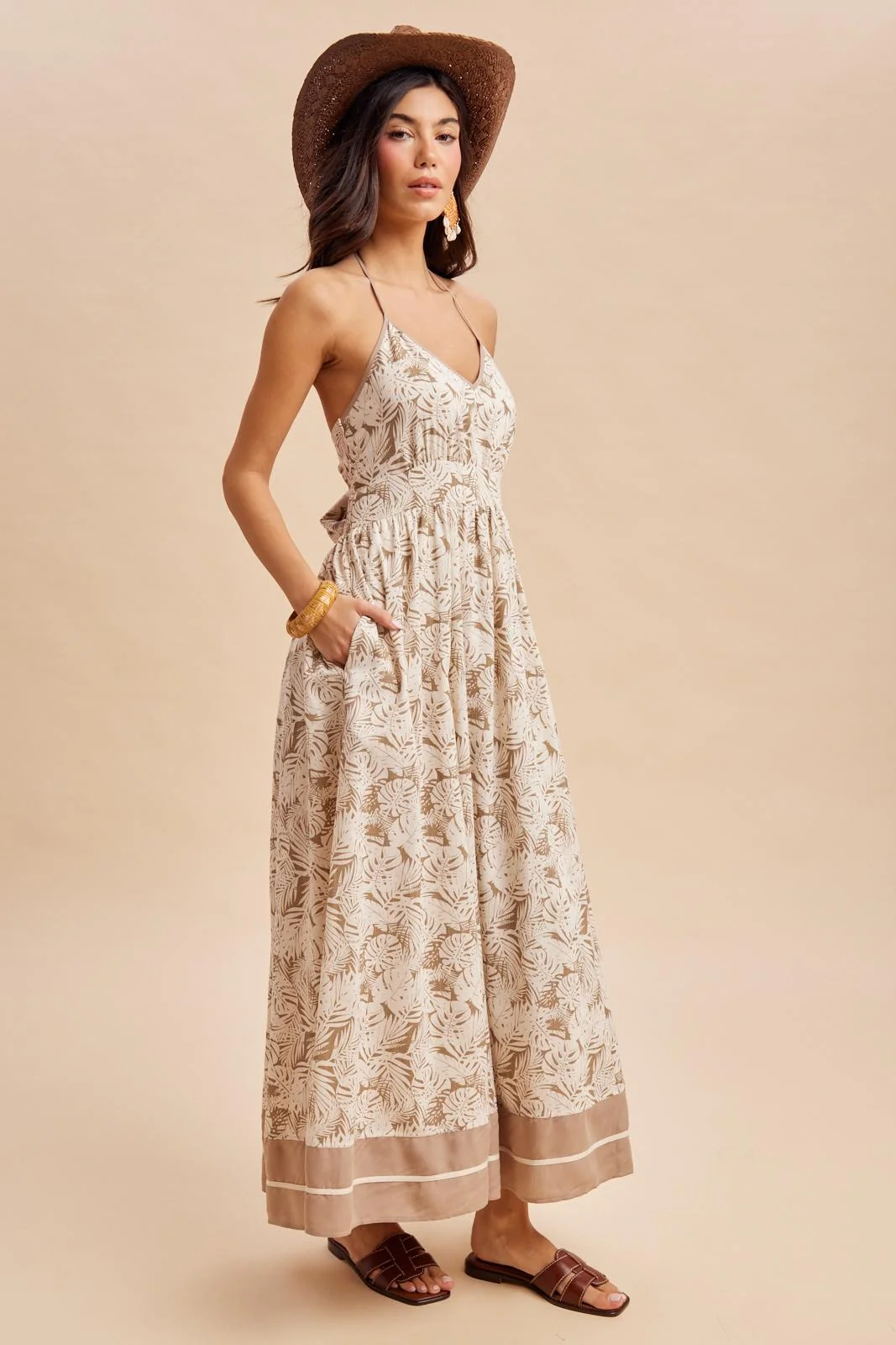 Beige Printed Cutout Tie Back Maxi Dress - Image 6