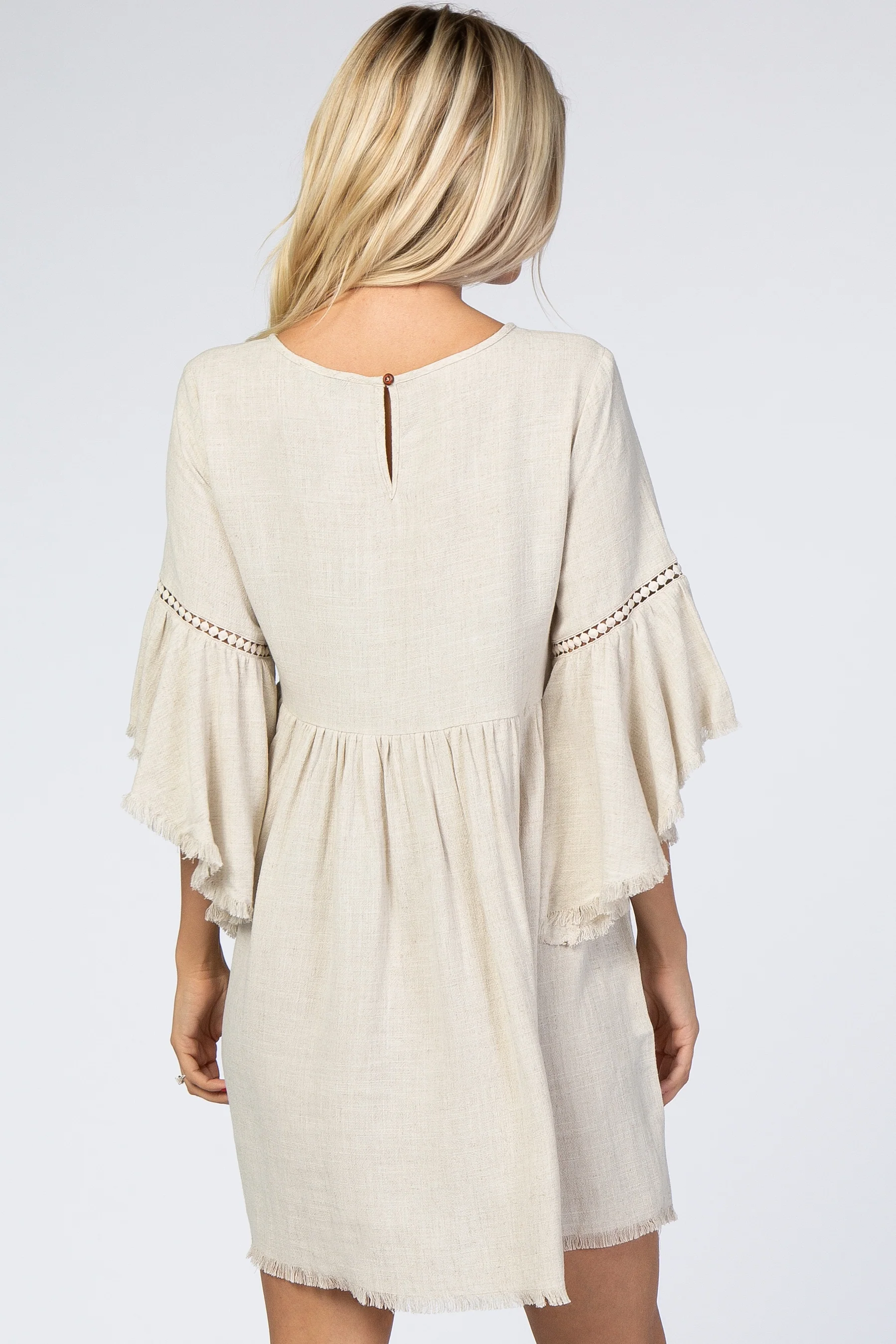 Beige Raw Edge Bell Sleeve Babydoll Dress - Image 4