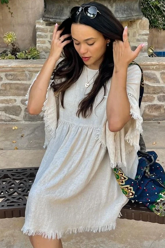 Beige Raw Edge Bell Sleeve Babydoll Dress - Image 6