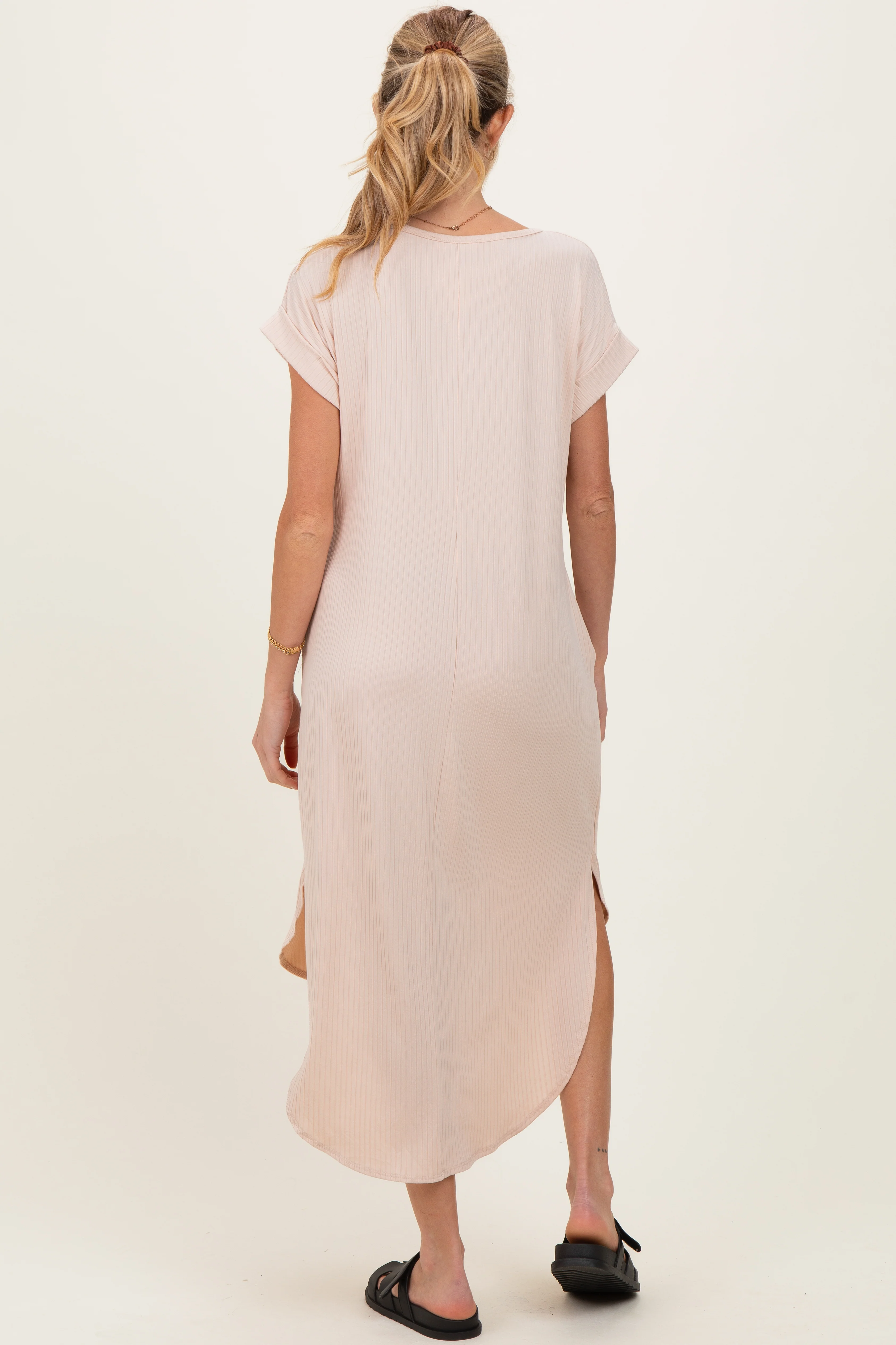 Beige Ribbed Curved Hem Maternity Midi Dress - Image 3