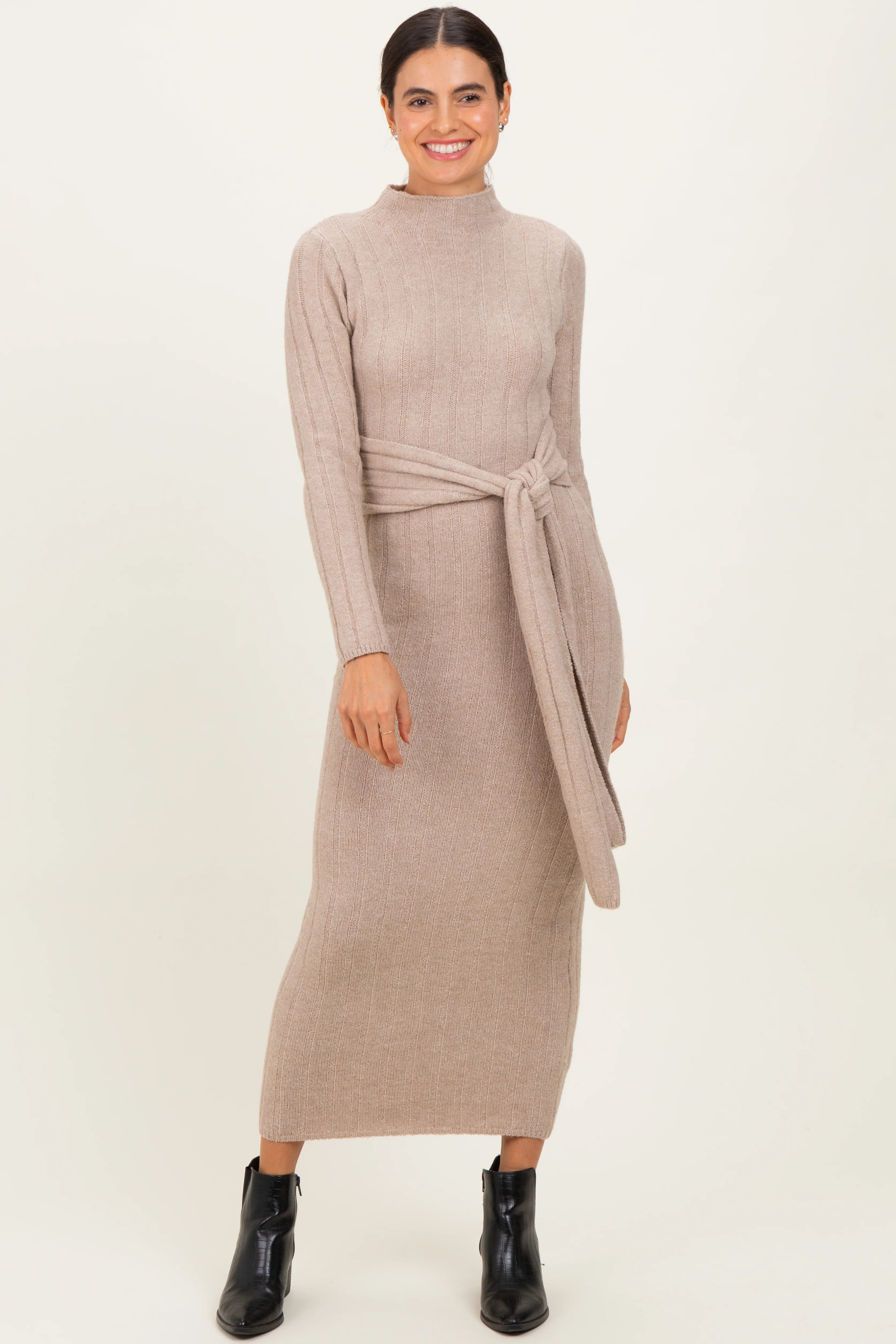 Beige Ribbed Front Tie Maxi Sweater Dress - Image 3