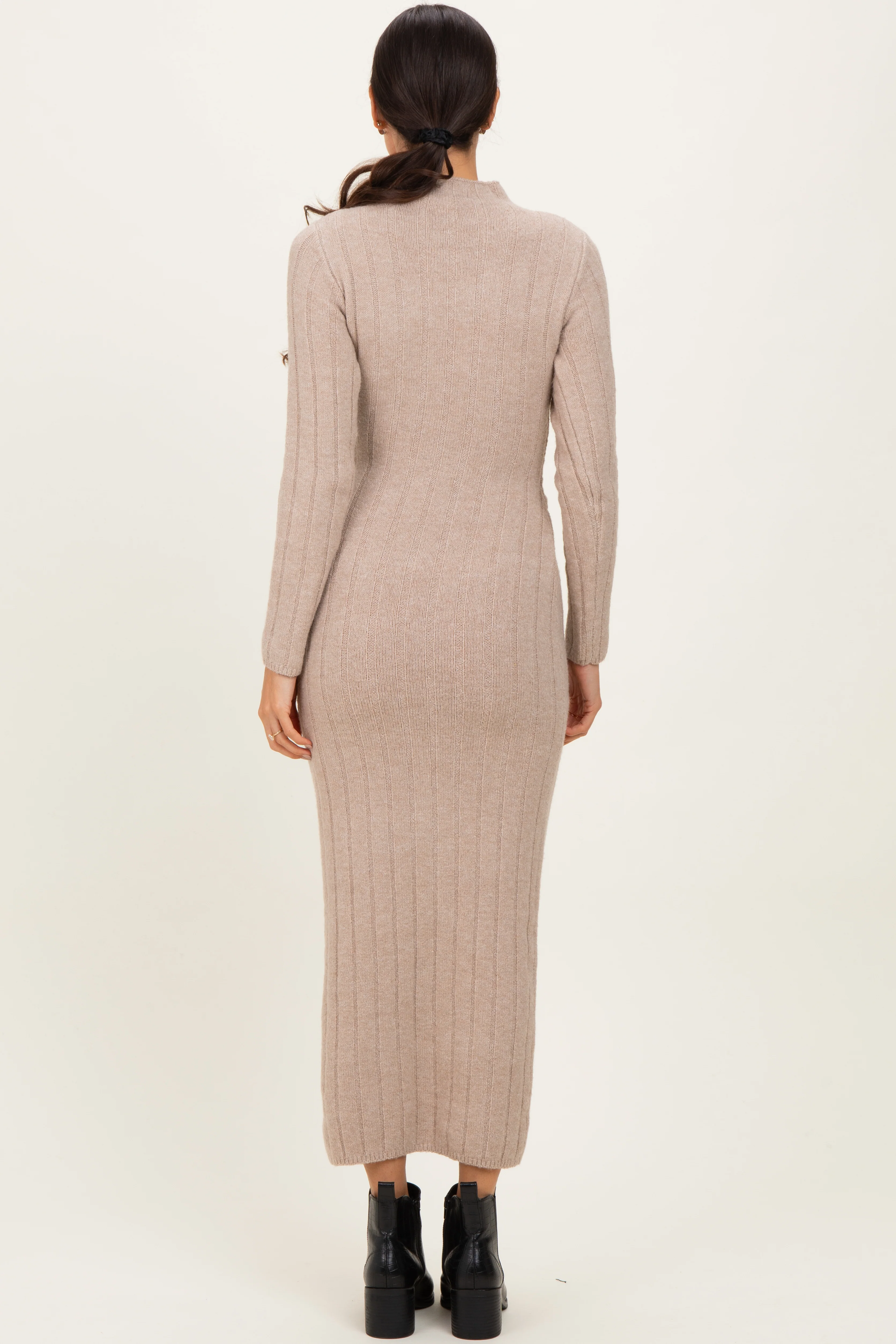 Beige Ribbed Front Tie Maxi Sweater Dress - Image 5
