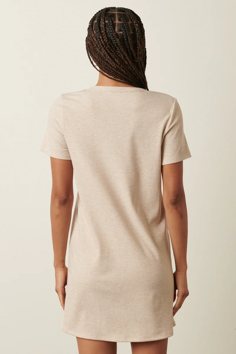 Beige Ribbed Knit Basic Short Sleeve T-Shirt Dress - Image 3