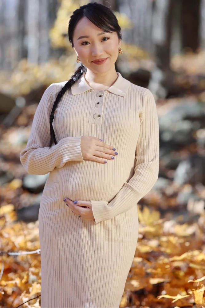 Beige Ribbed Knit Collared Long Sleeve Maternity Midi Dress - Image 7