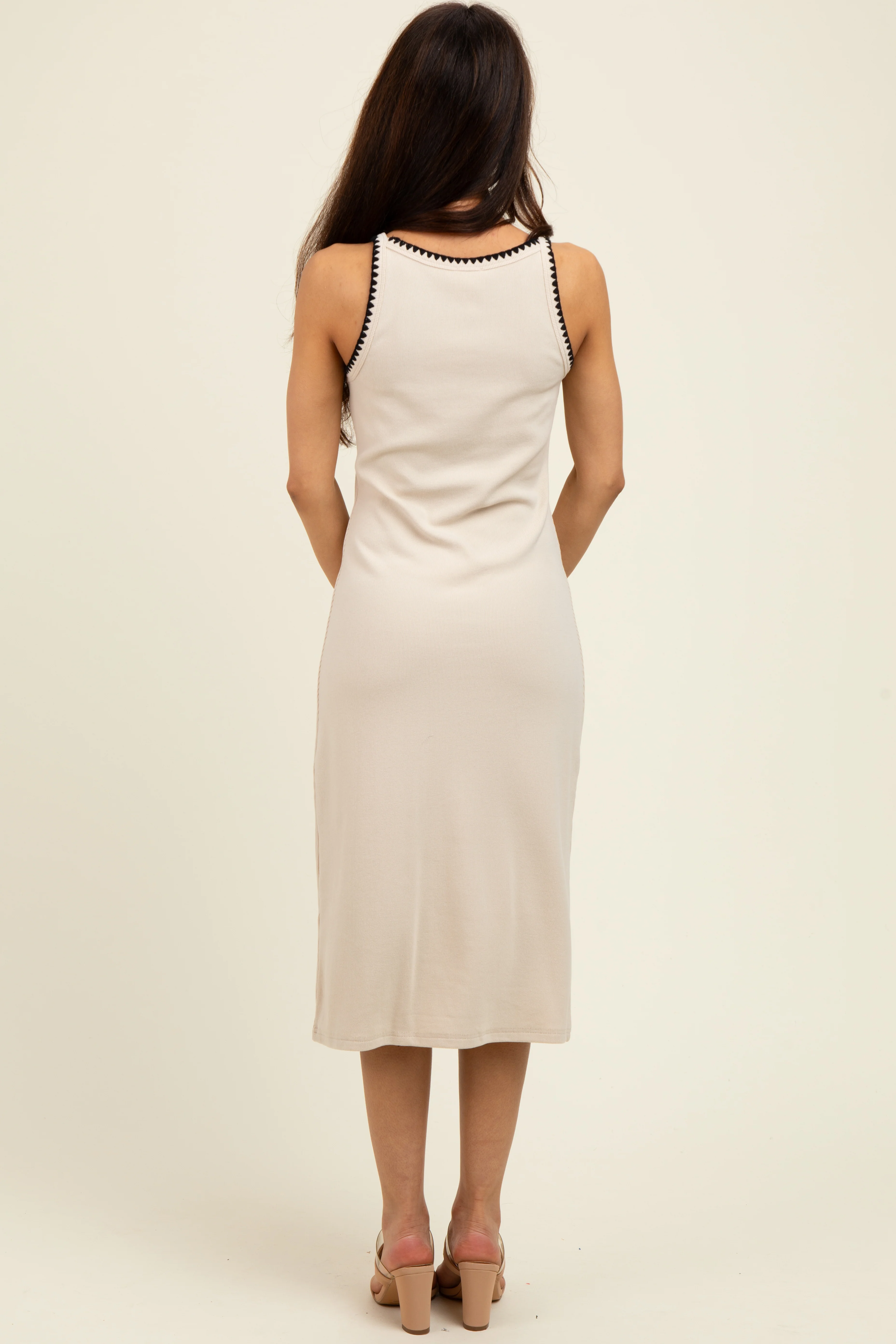 Beige Ribbed Knit Embroidered Midi Dress - Image 4