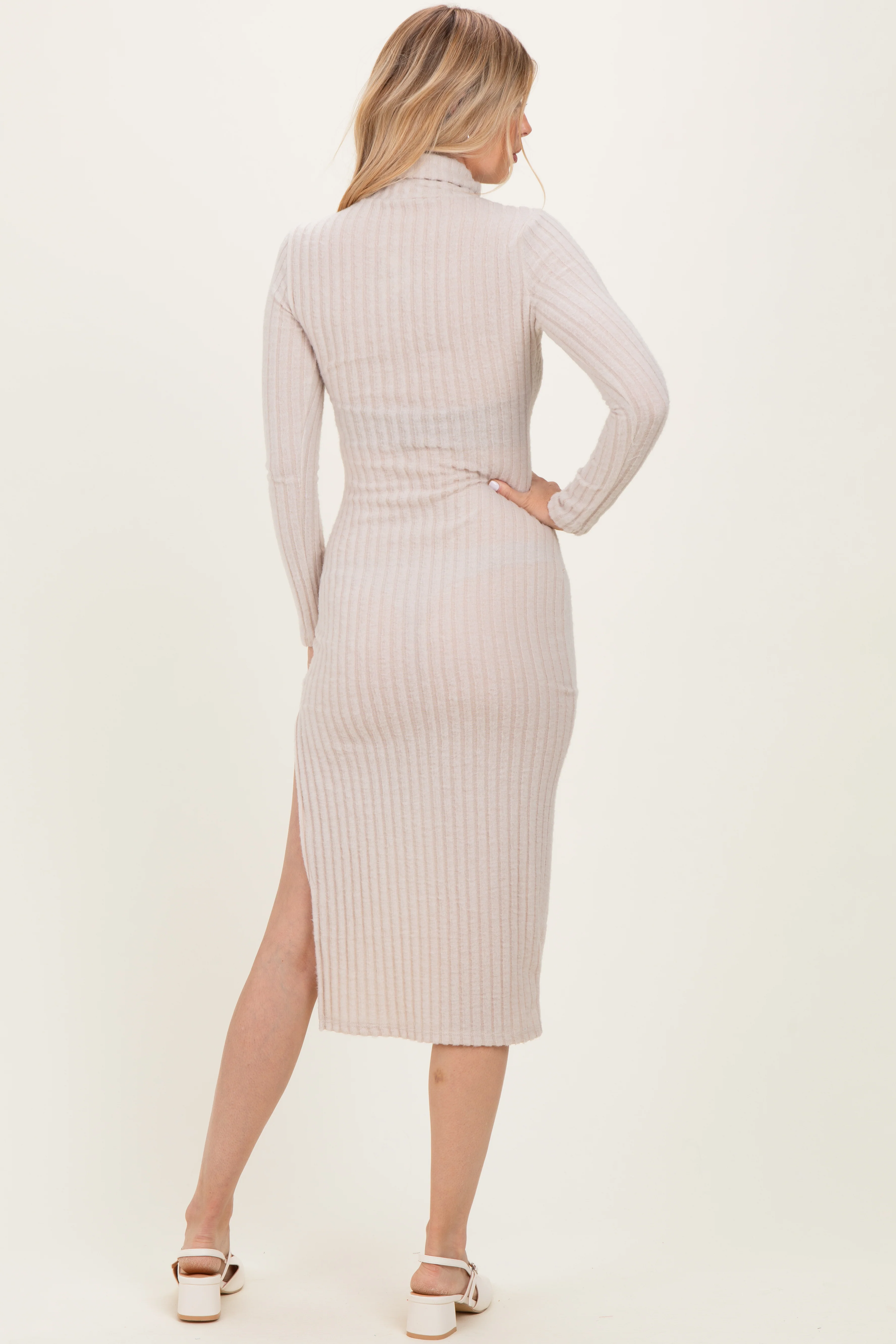 Beige Ribbed Knit Turtleneck Side Slit Dress - Image 4