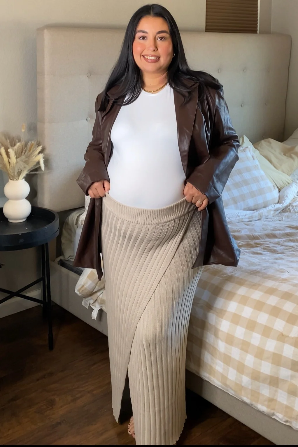Beige Ribbed Knit Wrap Maternity Maxi Skirt - Image 5