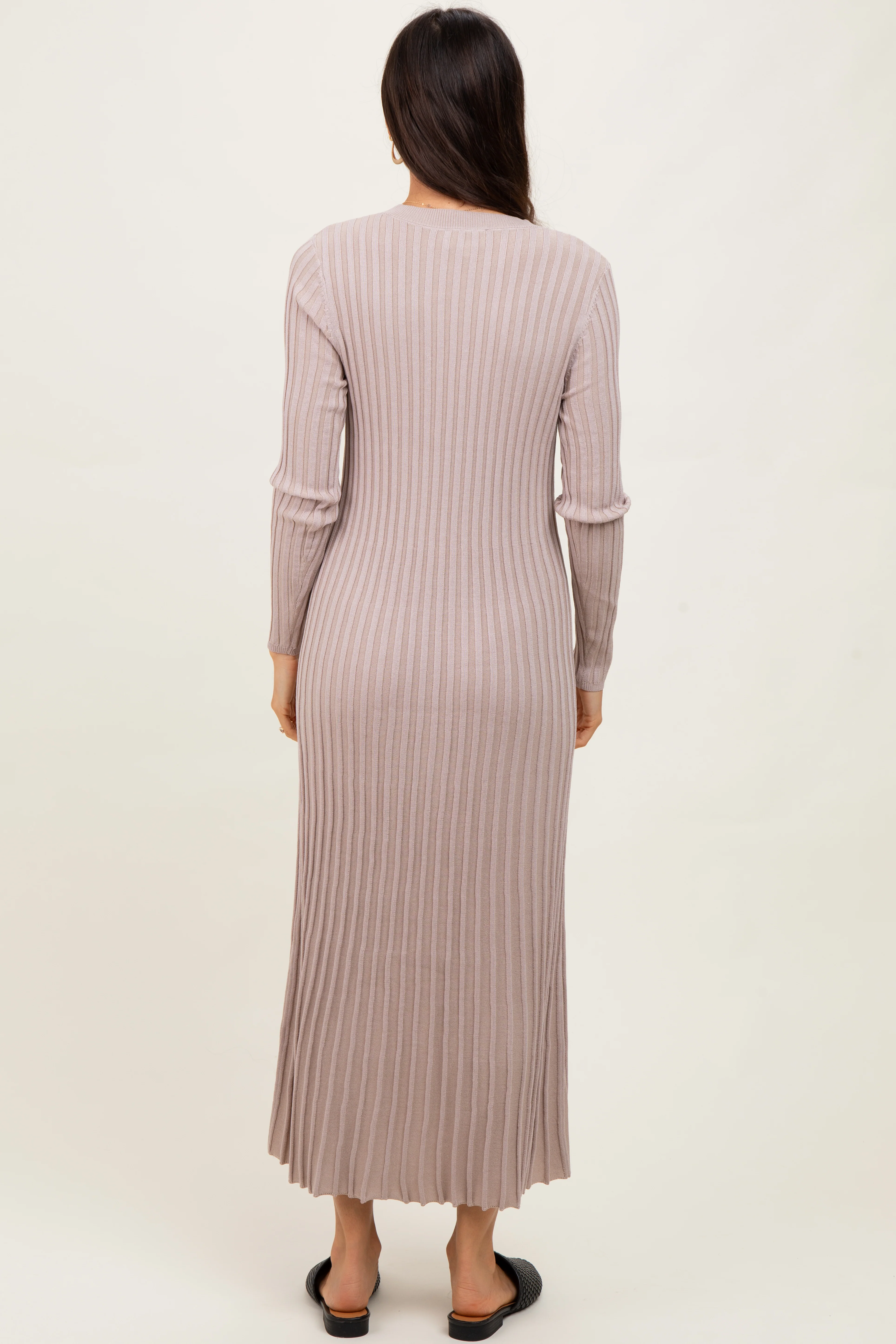 Beige Ribbed Long Sleeve Sweater Midi Dress - Image 4