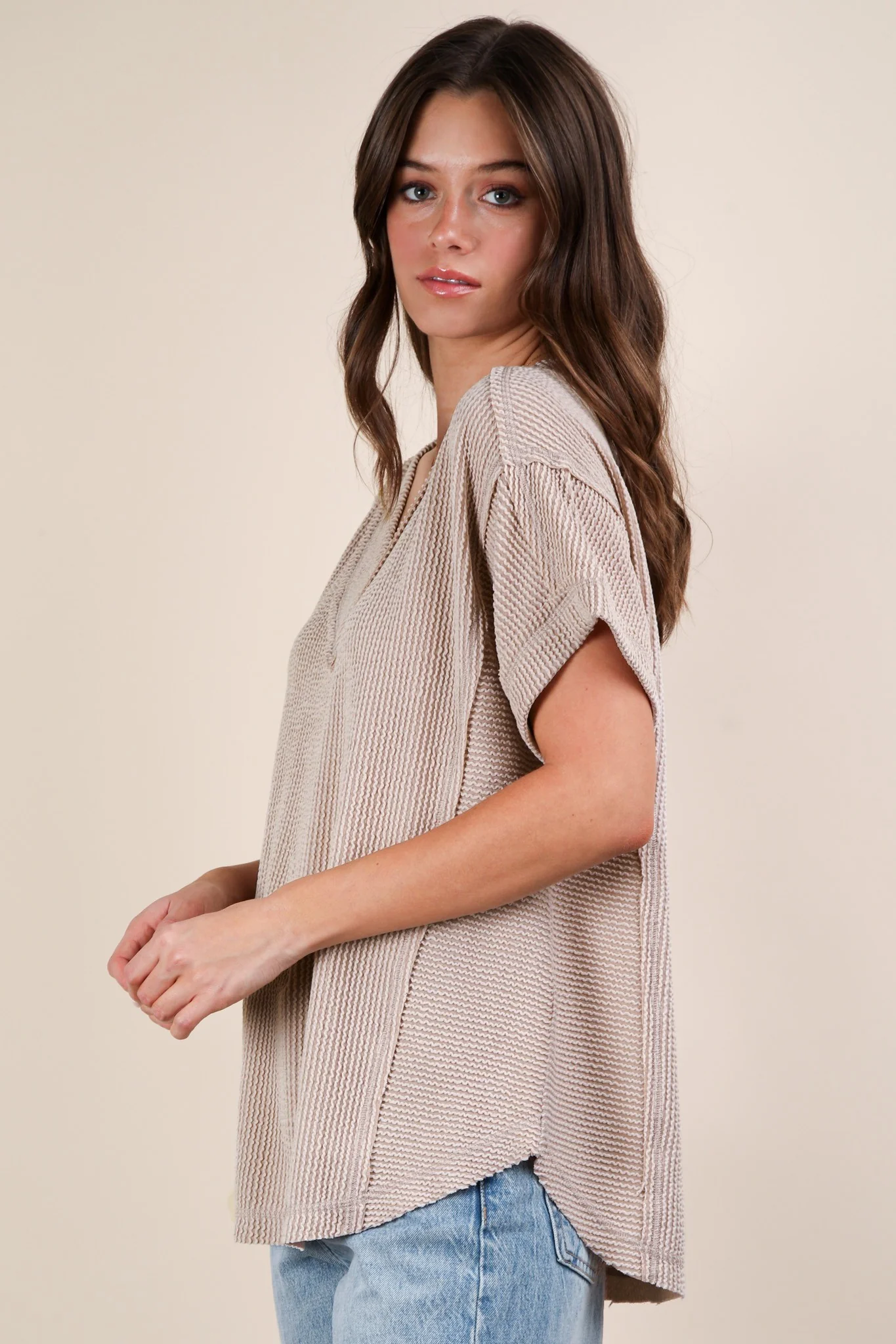 Beige Ribbed Raw Hem Short Sleeve Top - Image 3