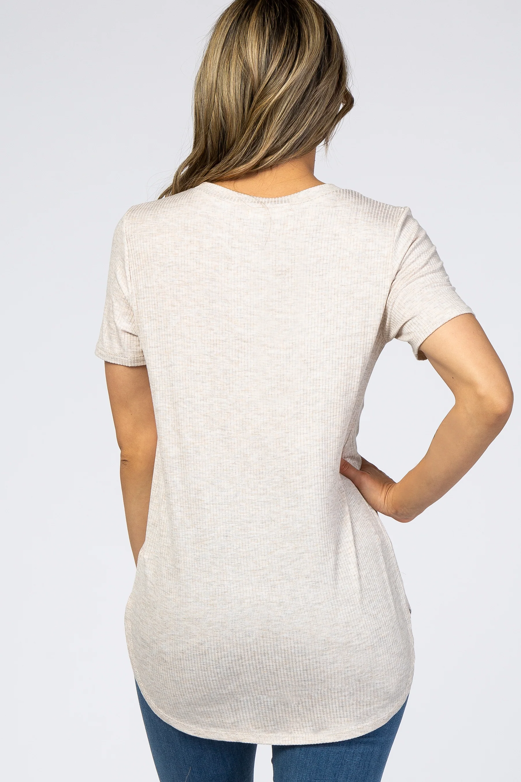 Beige Ribbed Round Hem Top - Image 3